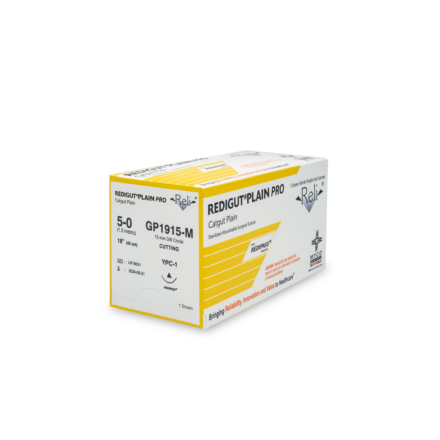 MYCO RELI® PRO SUTURE Suture, 5-0, Redigut, Plain, Natural, 18", YPC-1, 12/bx (US Only) Myco Medical GP1915-M