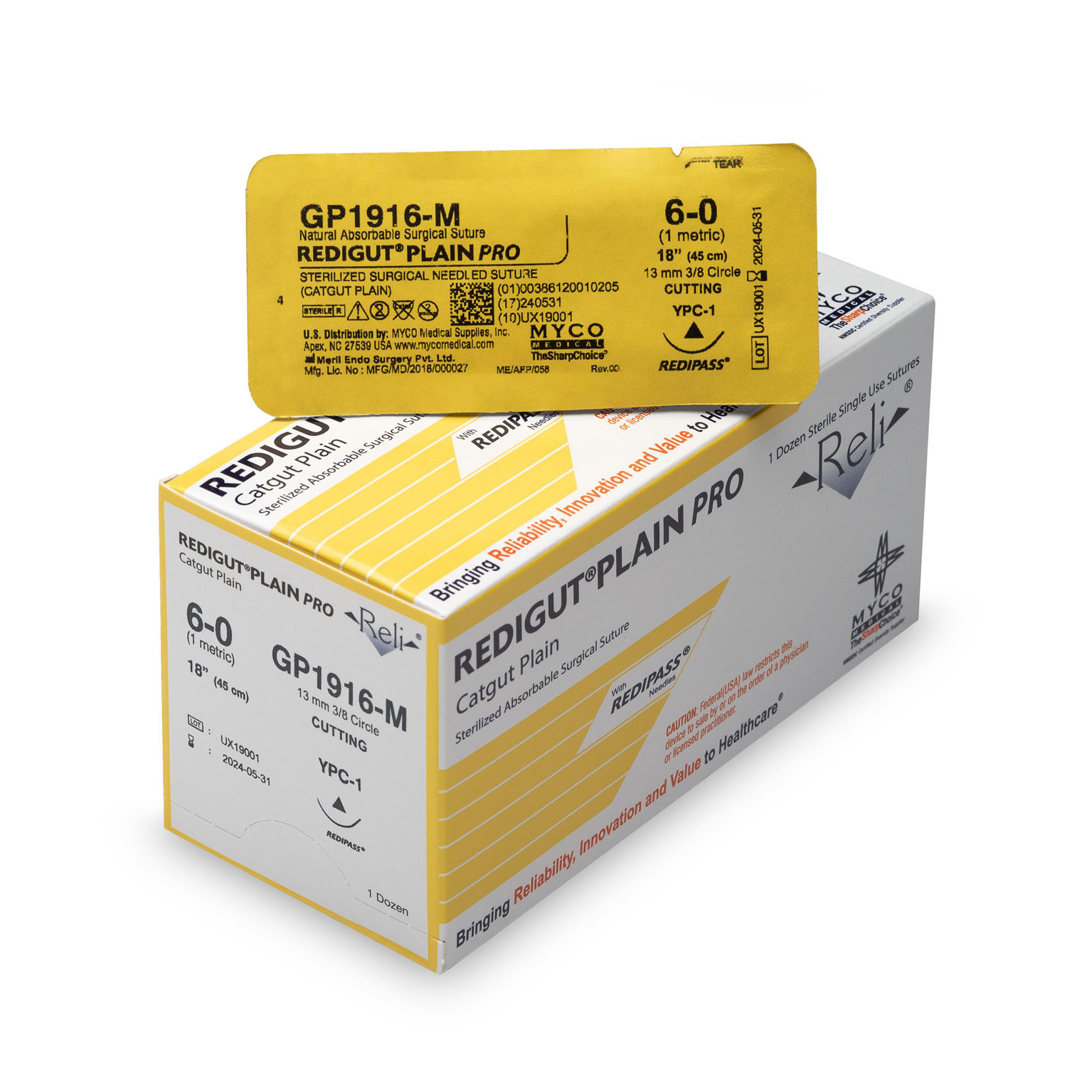 MYCO RELI® PRO SUTURE Suture, 6-0, Redigut, Plain, Natural, 18", YPC-1, 12/bx (US Only) Myco Medical GP1916-M