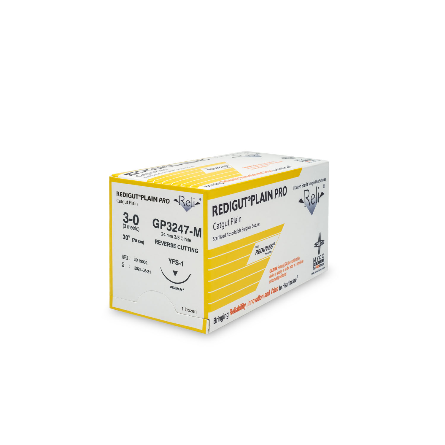MYCO RELI® PRO SUTURE Suture, 3-0, Redigut, Plain, Natural, 30", YFS-1, 12/bx (US Only) Myco Medical GP3247-M