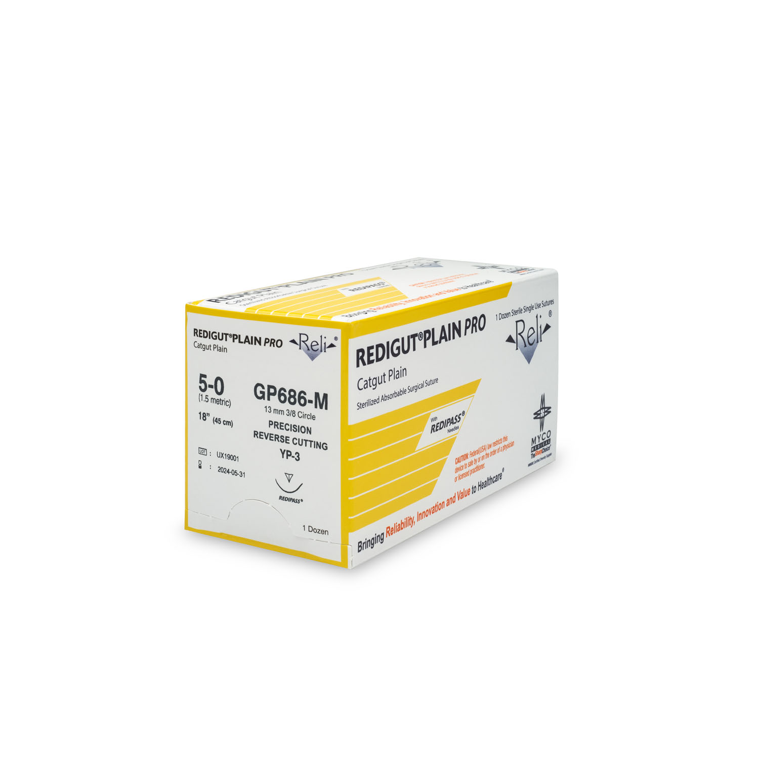 MYCO RELI® PRO SUTURE Suture, 5-0, Redigut, Plain, Natural, 18", YP-3, 12/bx (US Only) Myco Medical GP686-M