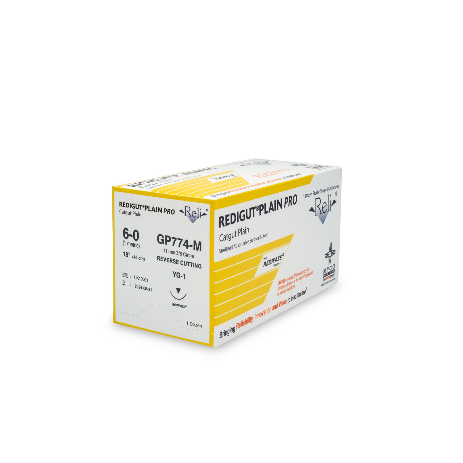 MYCO RELI® PRO SUTURE Suture, 6-0, Redigut, Plain, Natural, 18", YG-1, 12/bx (US Only) Myco Medical GP774-M