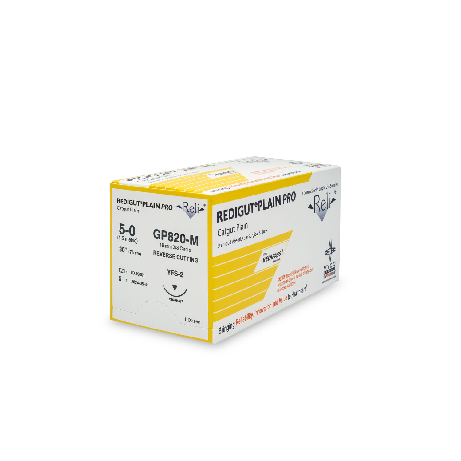 MYCO RELI® PRO SUTURE Suture, 5-0, Redigut, Plain, Natural, 30", YFS-2, 12/bx (US Only) Myco Medical GP820-M