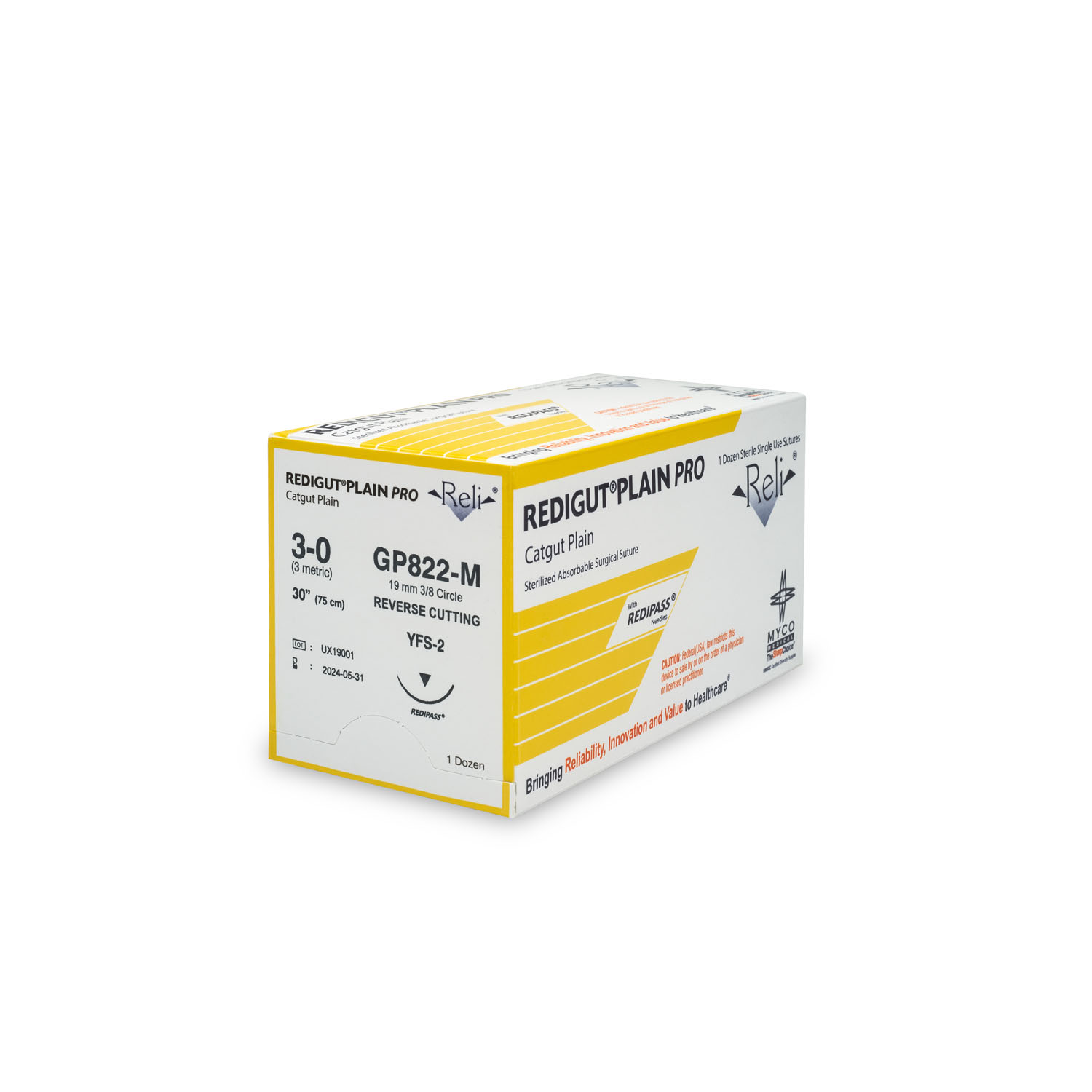 MYCO RELI® PRO SUTURE Suture, 3-0, Redigut, Plain, Natural, 30", YFS-2, 12/bx (US Only) Myco Medical GP822-M