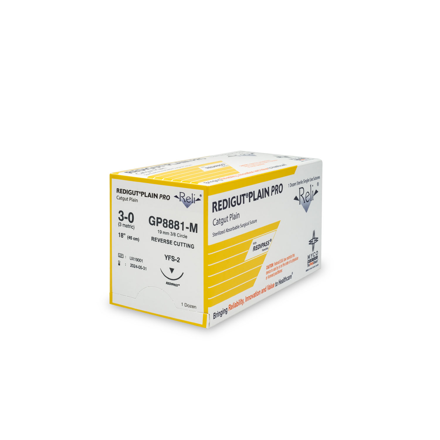 MYCO RELI® PRO SUTURE Suture, 3-0, Redigut, Plain, Natural, 18", YFS-2, 12/bx (US Only) Myco Medical GP8881-M