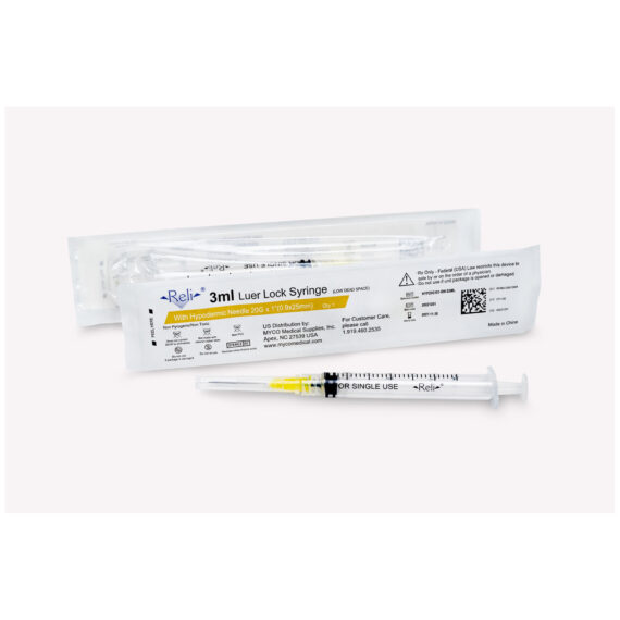 MYCO RELI® CONVENTIONAL HYPODERMIC NEEDLE W/SYRINGE Syringe with Detachable Hypodermic Needle, 3 mL, 20G x 1", Low Dead Space, Regular Wall/Bevel, 100/bx (US Only) Myco Medical HYP20G101-RW-S3ML