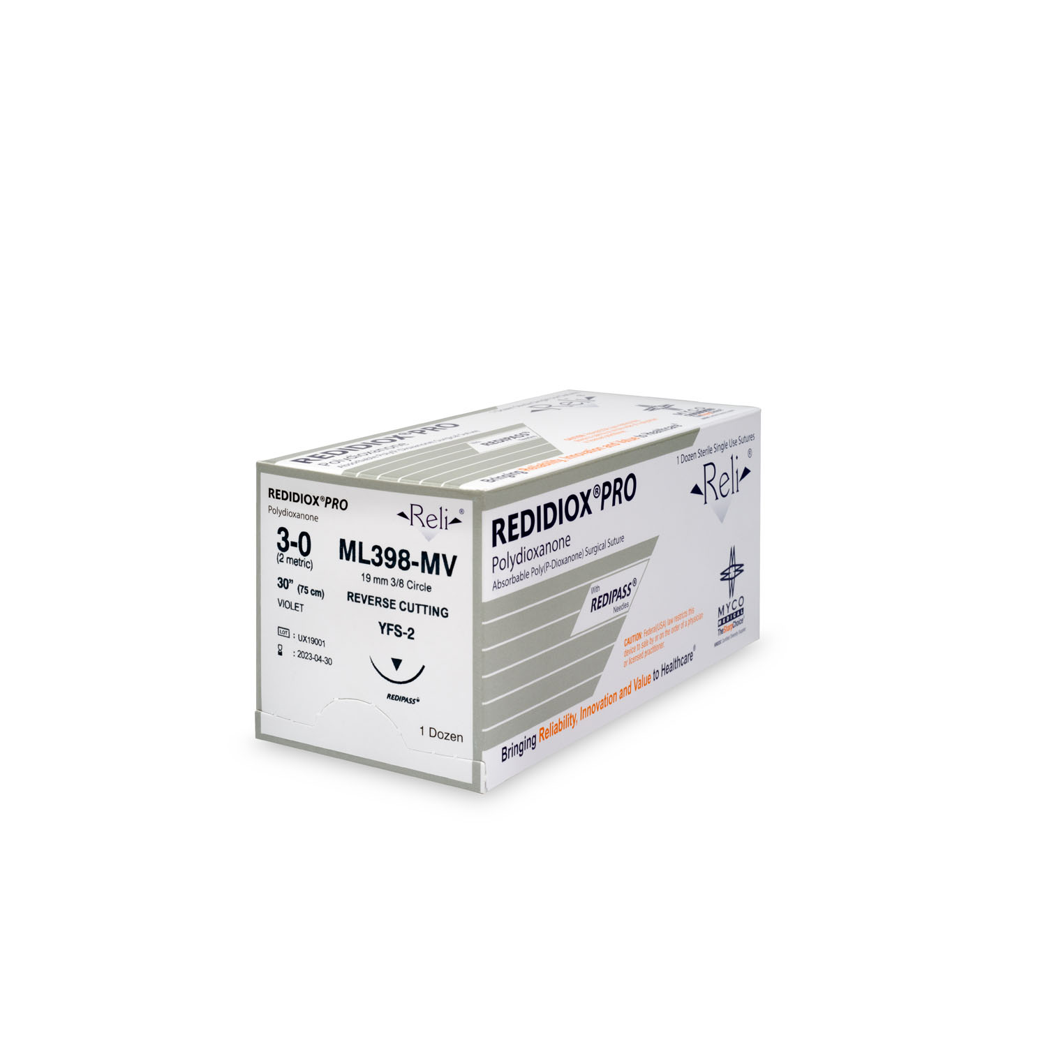 MYCO RELI® PRO SUTURE Suture, 3-0, Redidiox, Violet, Monofilament, 30", YFS-2, 12/bx (US Only) Myco Medical ML398-MV