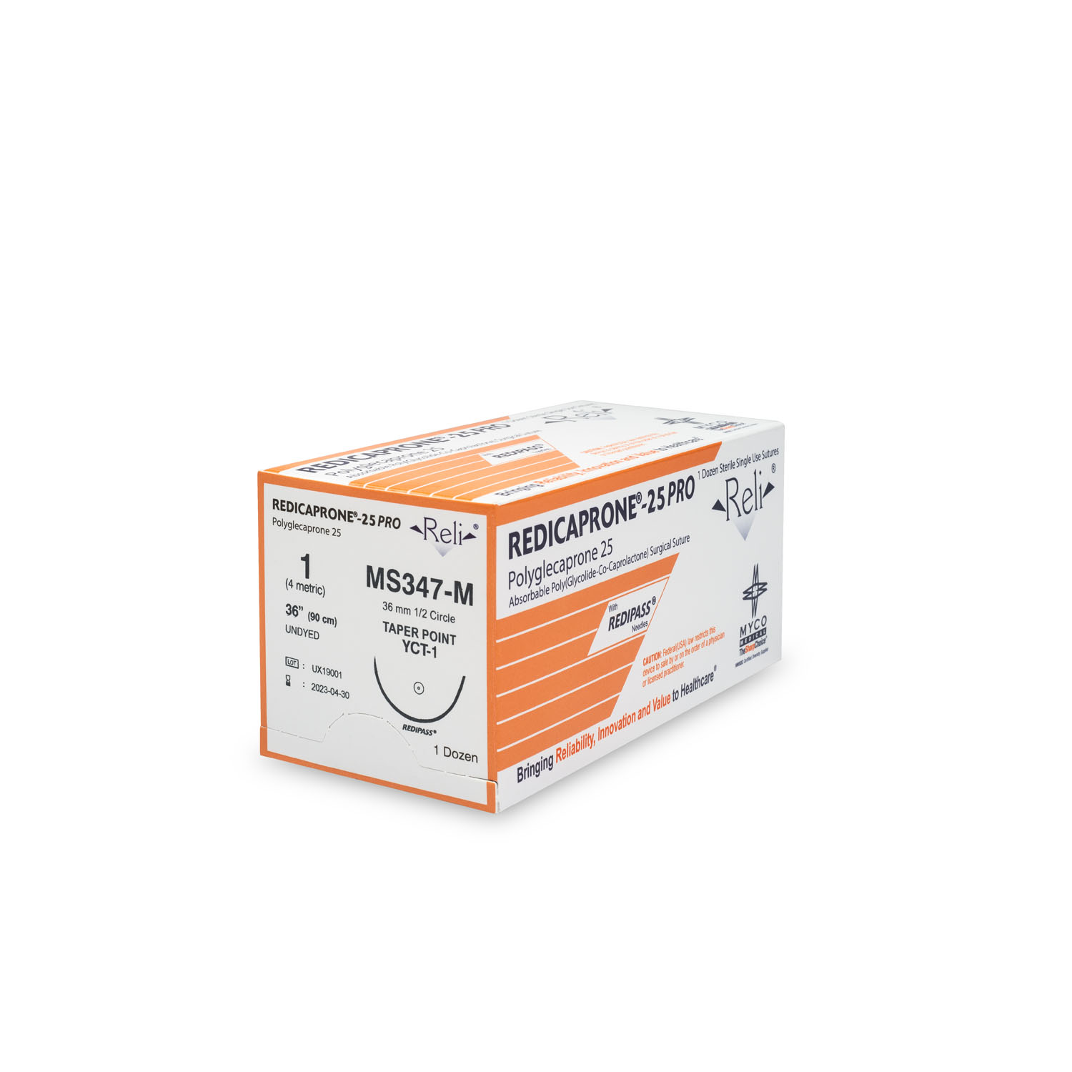 MYCO RELI® PRO SUTURE Suture, 1-0, Redicaprone, Violet, Monofilament, 36", YCT-1, 12/bx (US Only) Myco Medical MS347-M