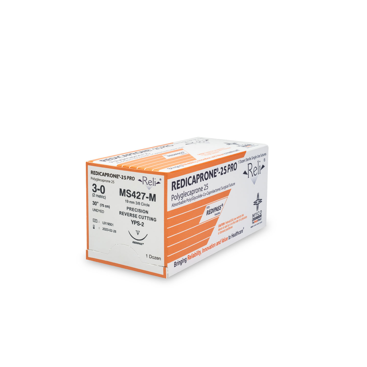 MYCO RELI® PRO SUTURE Suture, 3-0, Redicaprone, Undyed, Monofilament, 30", YPS-2, 12/bx (US Only) Myco Medical MS427-M