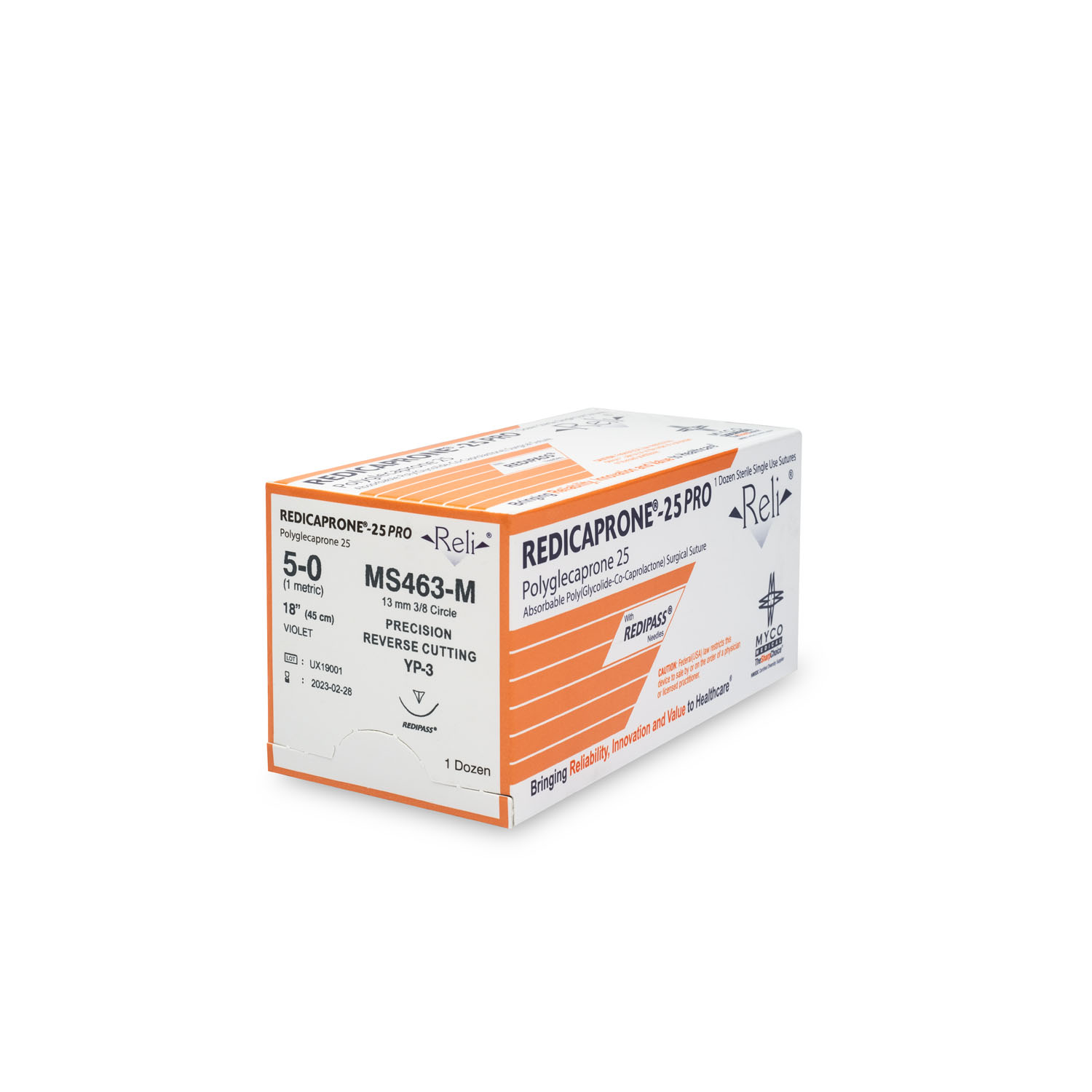 MYCO RELI® PRO SUTURE Suture, 5-0, Redicaprone, Violet, Monofilament, 18", YP-3, 12/bx (US Only) Myco Medical MS463-M