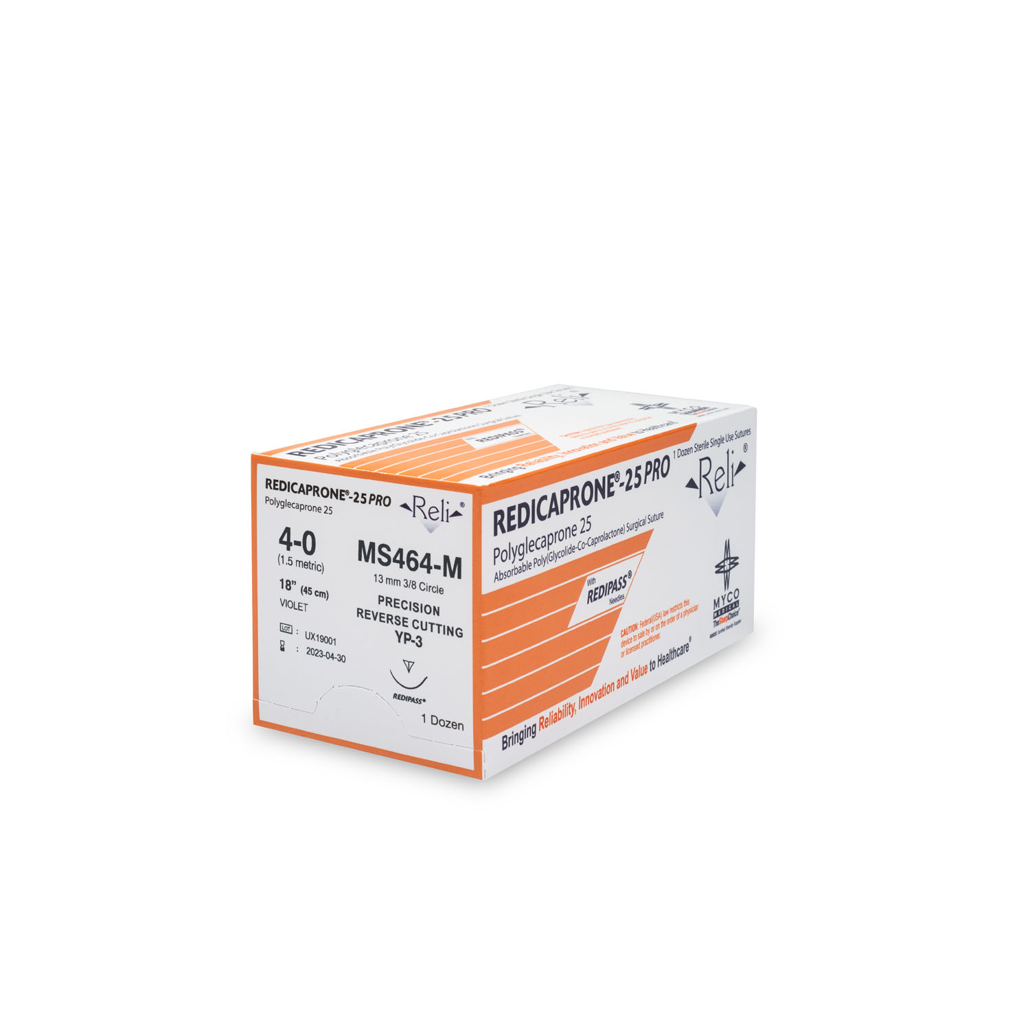 MYCO RELI® PRO SUTURE Suture, 4-0, Redicaprone, Violet, Monofilament, 18", YP-3, 12/bx (US Only) Myco Medical MS464-M