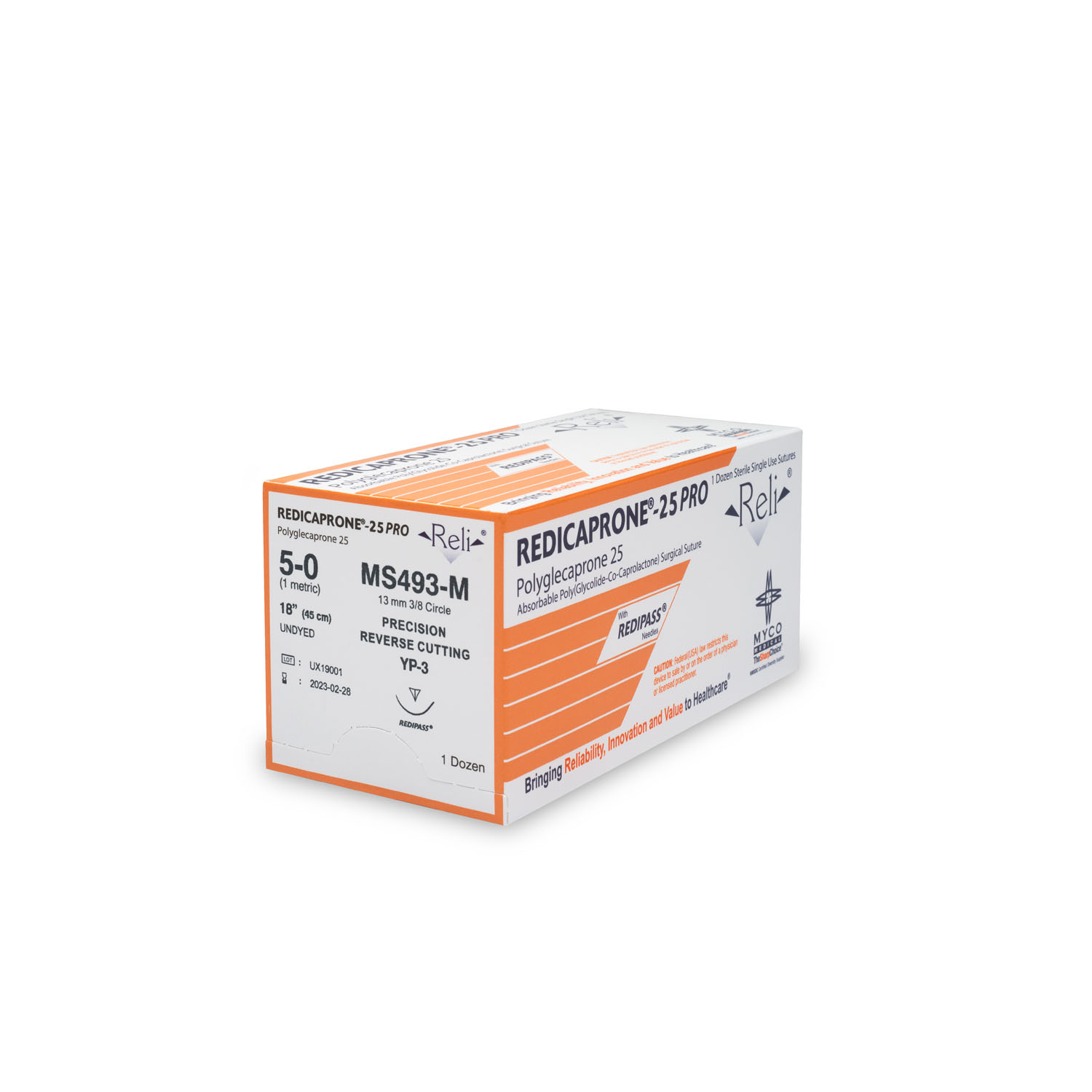 MYCO RELI® PRO SUTURE Suture, 5-0, Redicaprone, Undyed, Monofilament, 18", YP-3, 12/bx (US Only) Myco Medical MS493-M