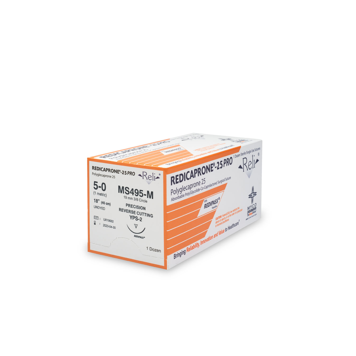 MYCO RELI® PRO SUTURE Suture, 5-0, Redicaprone, Undyed, Monofilament, 18", YPS-2, 12/bx (US Only) Myco Medical MS495-M