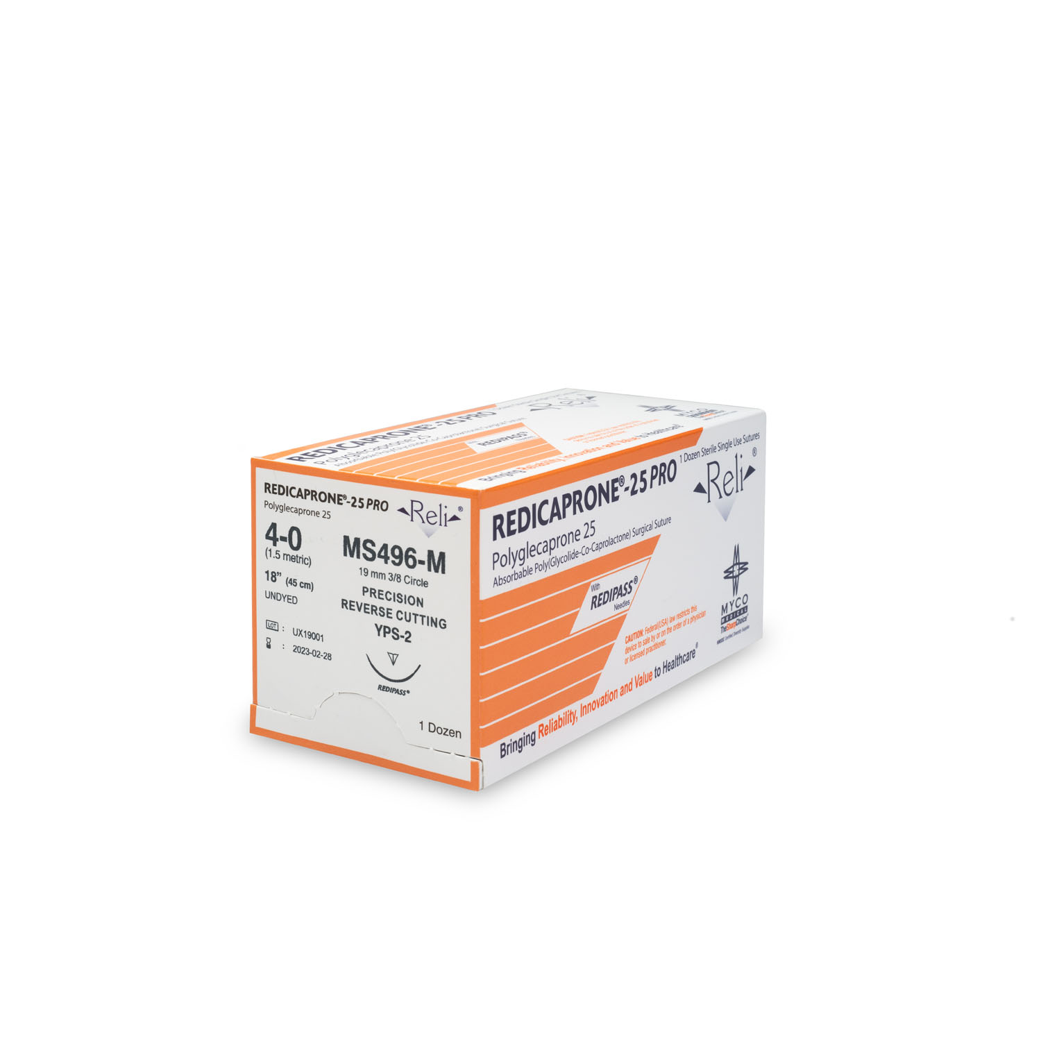 MYCO RELI® PRO SUTURE Suture, 4-0, Redicaprone, Undyed, Monofilament, 18", YPS-2, 12/bx (US Only) Myco Medical MS496-M