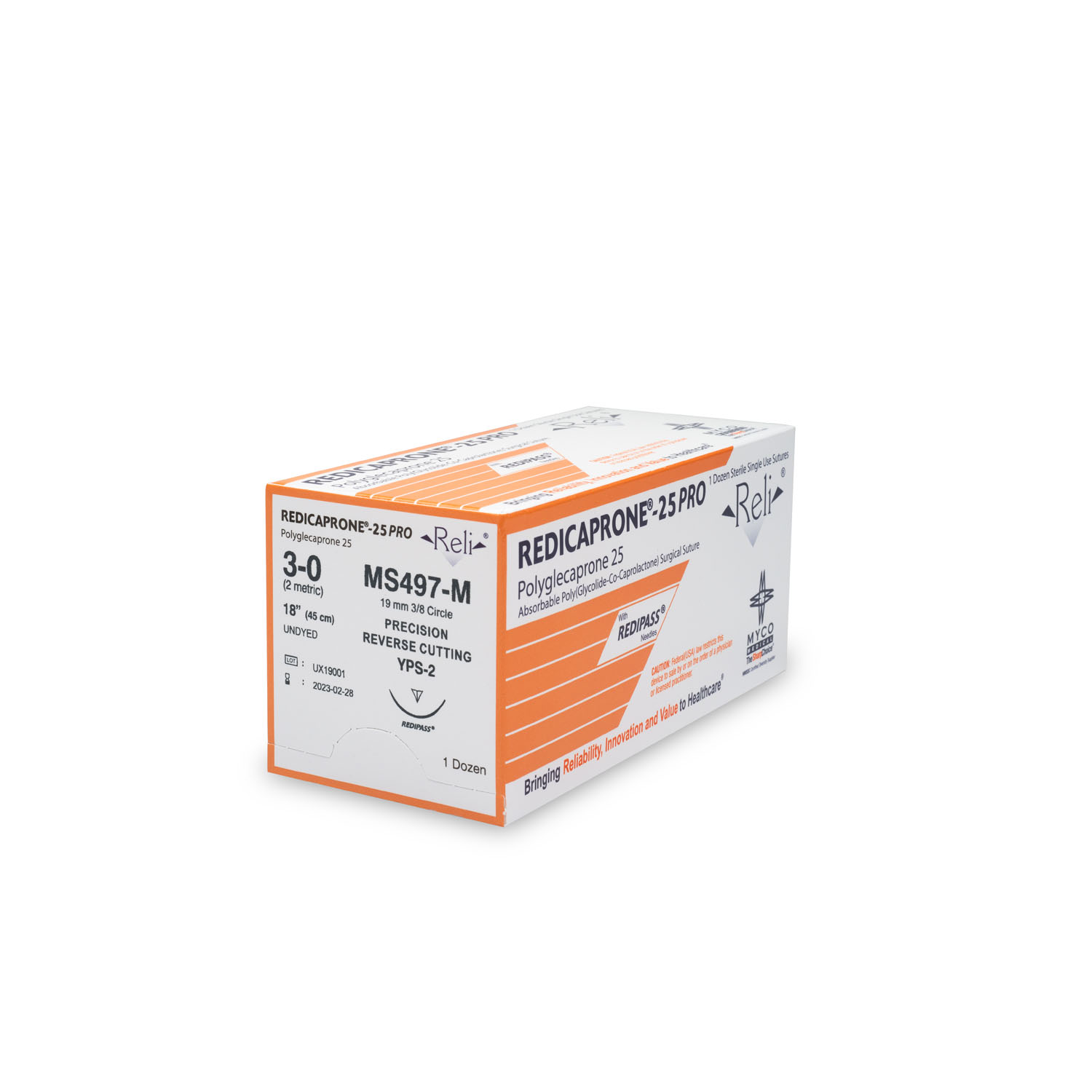 MYCO RELI® PRO SUTURE Suture, 3-0, Redicaprone, Undyed, Monofilament, 18", YPS-2, 12/bx (US Only) Myco Medical MS497-M