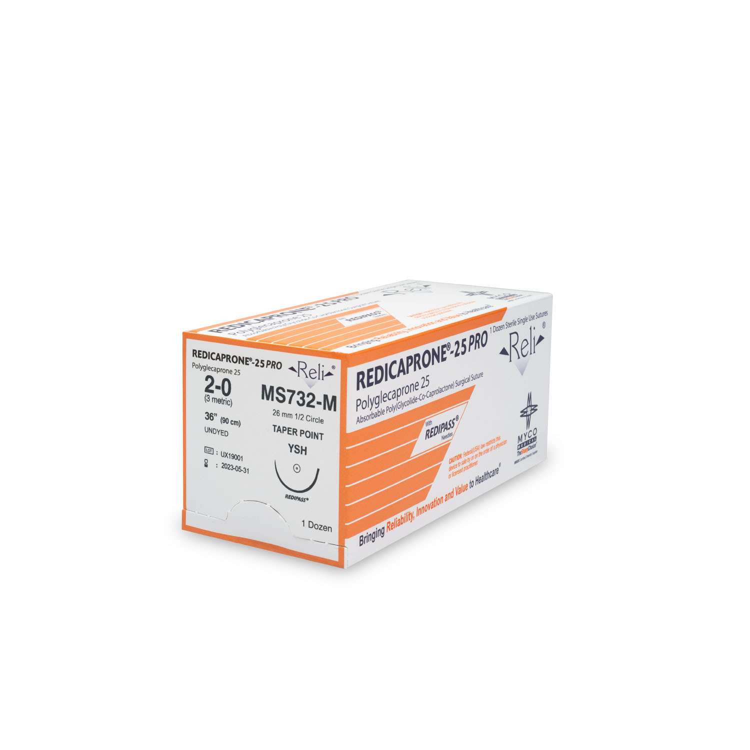 MYCO RELI® PRO SUTURE Suture, 2-0, Redicaprone, Undyed, Monofilament, 36", YSH, 12/bx (US Only) Myco Medical MS732-M