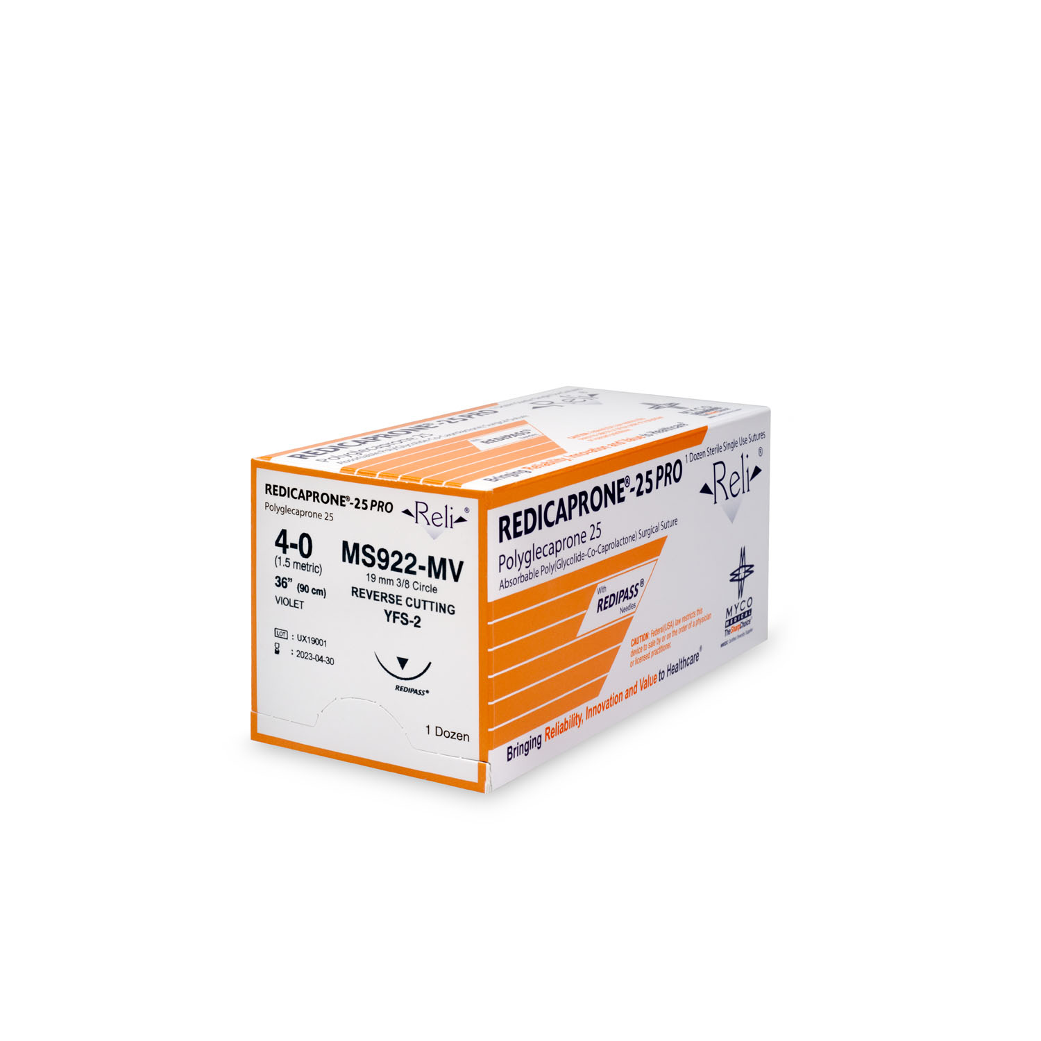 MYCO RELI® PRO SUTURE Suture, 4-0, Redicaprone, Violet, Monofilament, 36", YFS-2, 12/bx (US Only) Myco Medical MS922-MV