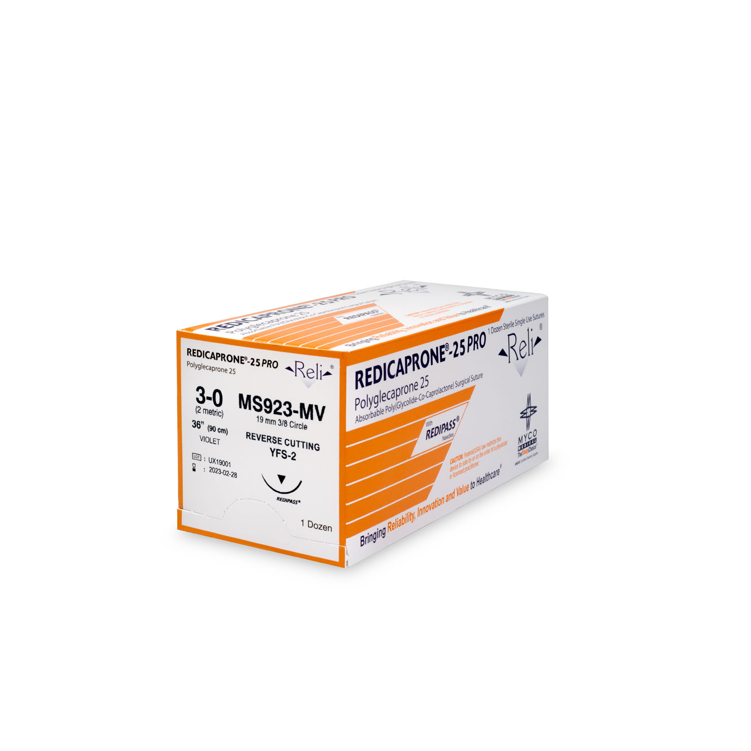 MYCO RELI® PRO SUTURE Suture, 3-0, Redicaprone, Violet, Monofilament, 36", YFS-2, 12/bx (US Only) Myco Medical MS923-MV