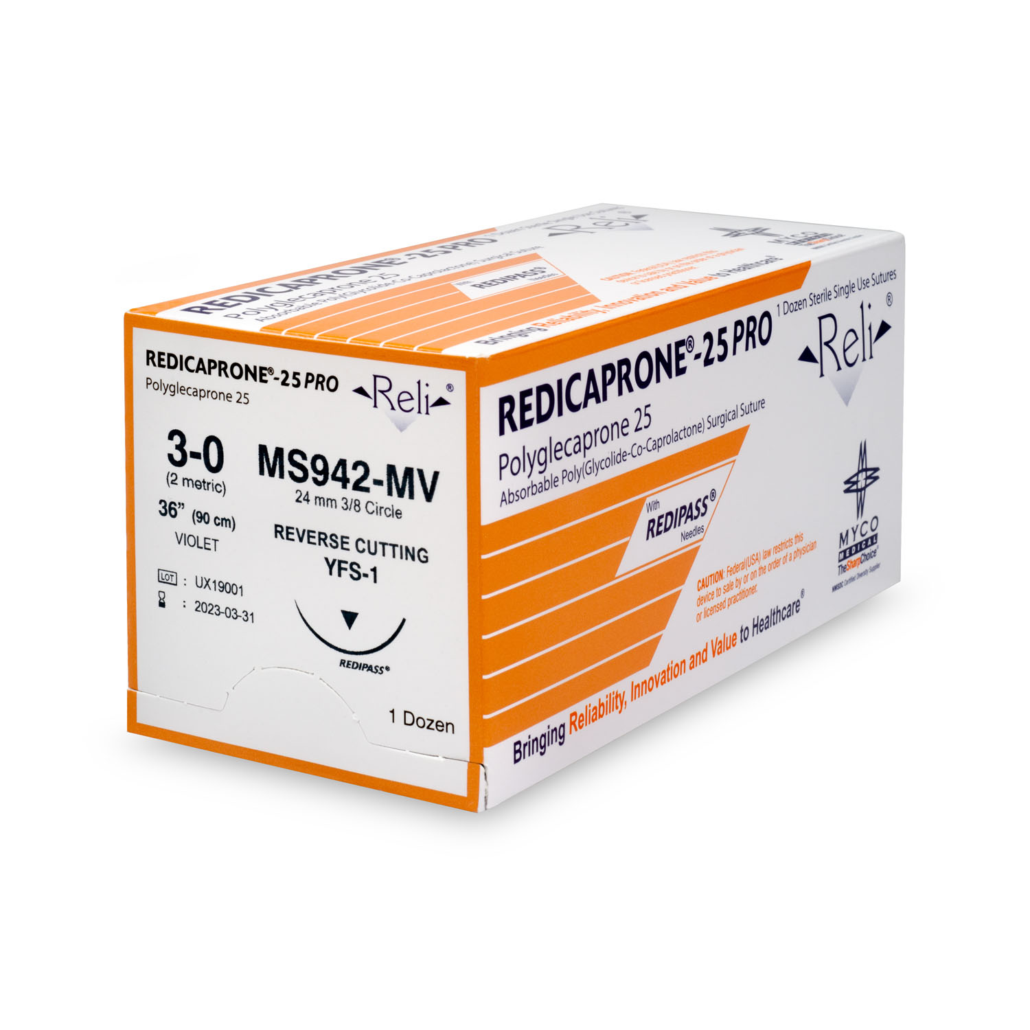 MYCO RELI® PRO SUTURE Suture, 3-0, Redicaprone, Violet, Monofilament, 36", YFS-1, 12/bx (US Only) Myco Medical MS942-MV