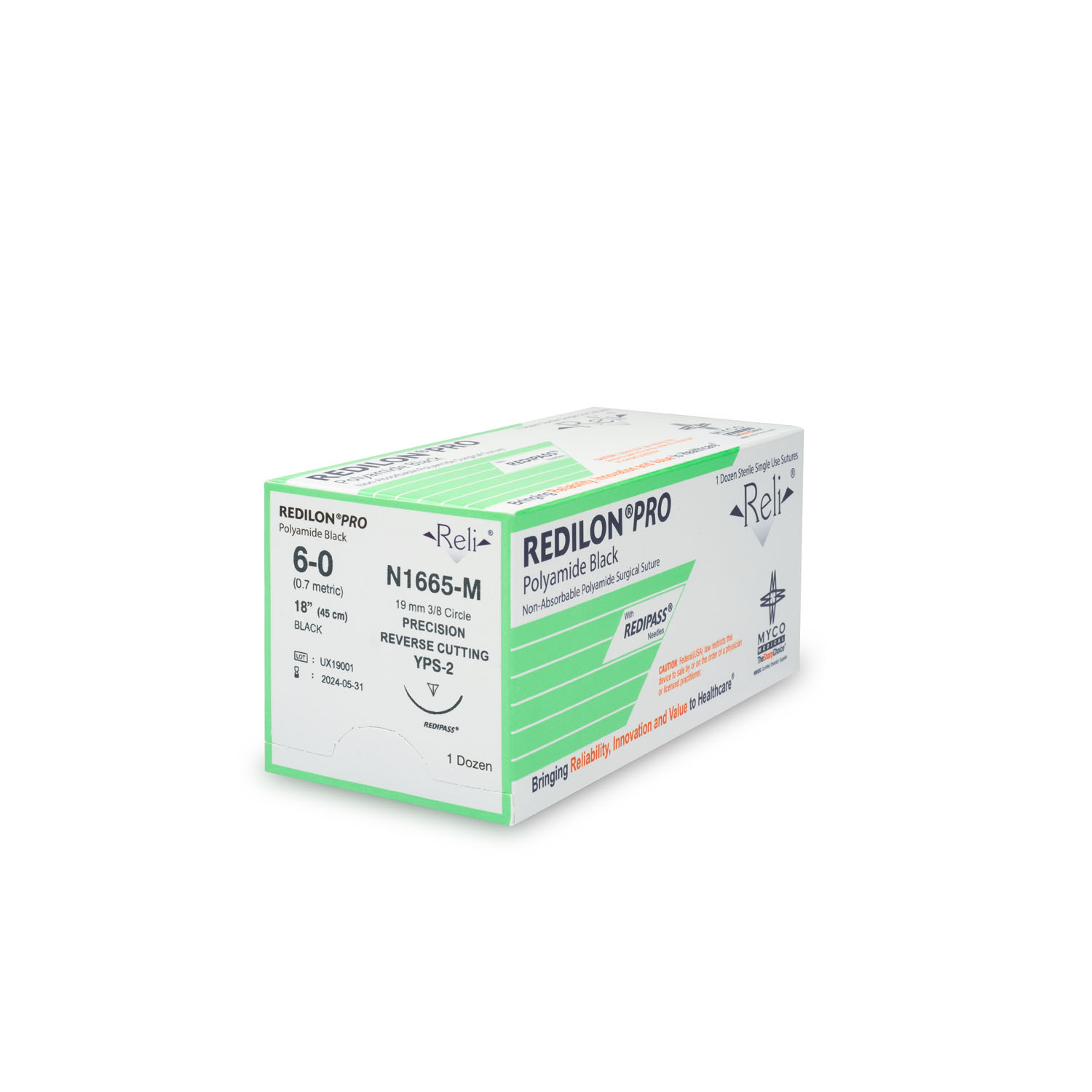 MYCO RELI® PRO SUTURE Suture, 6-0, Redilon, Black, Monofilament, 18", YPS-2, 12/bx (US Only) Myco Medical N1665-M