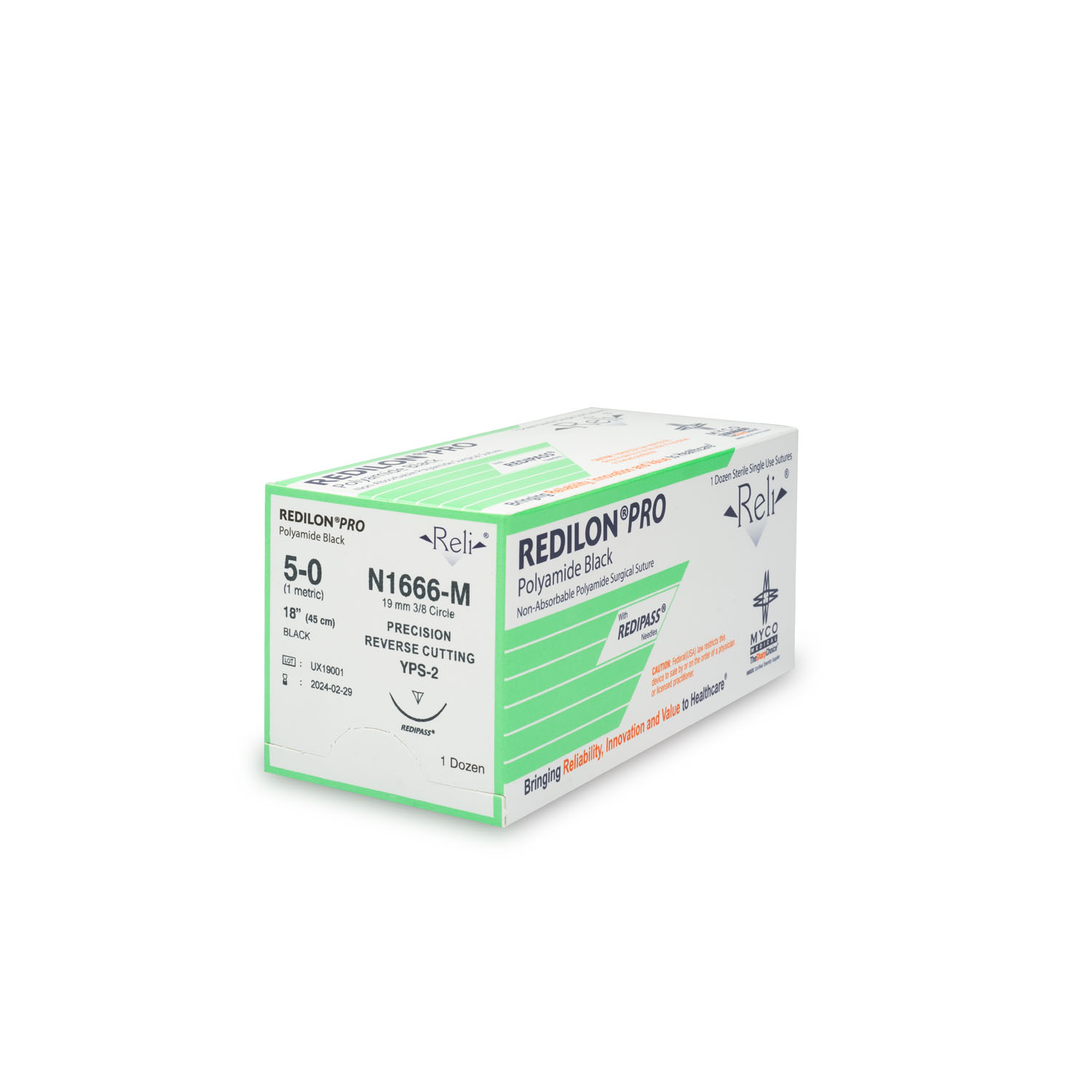 MYCO RELI® PRO SUTURE Suture, 5-0, Redilon, Black, Monofilament, 18", YPS-2, 12/bx (US Only) Myco Medical N1666-M