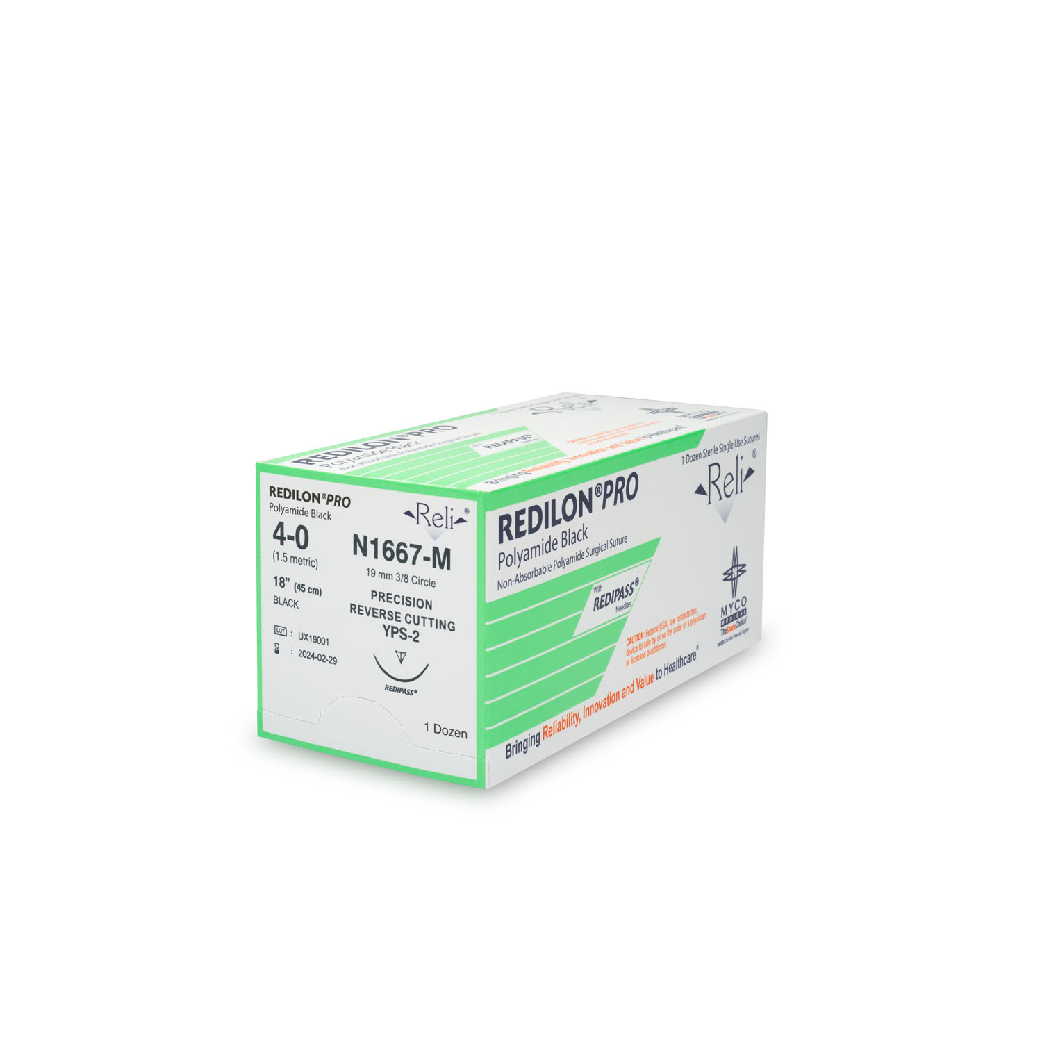 MYCO RELI® PRO SUTURE Suture, 4-0, Redilon, Black, Monofilament, 18", YPS-2, 12/bx (US Only) Myco Medical N1667-M