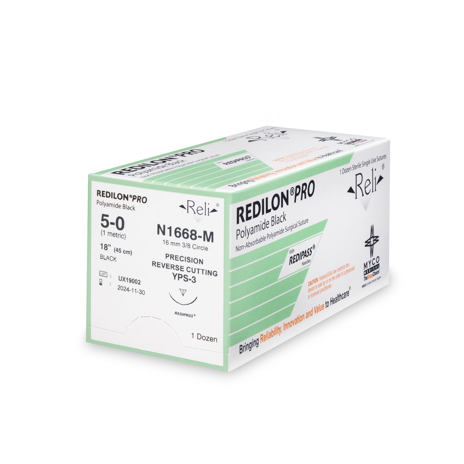 MYCO RELI® PRO SUTURE Suture, 5-0, Redilon, Black, Monofilament, 18", YPS-3, 12/bx (US Only) Myco Medical N1668-M