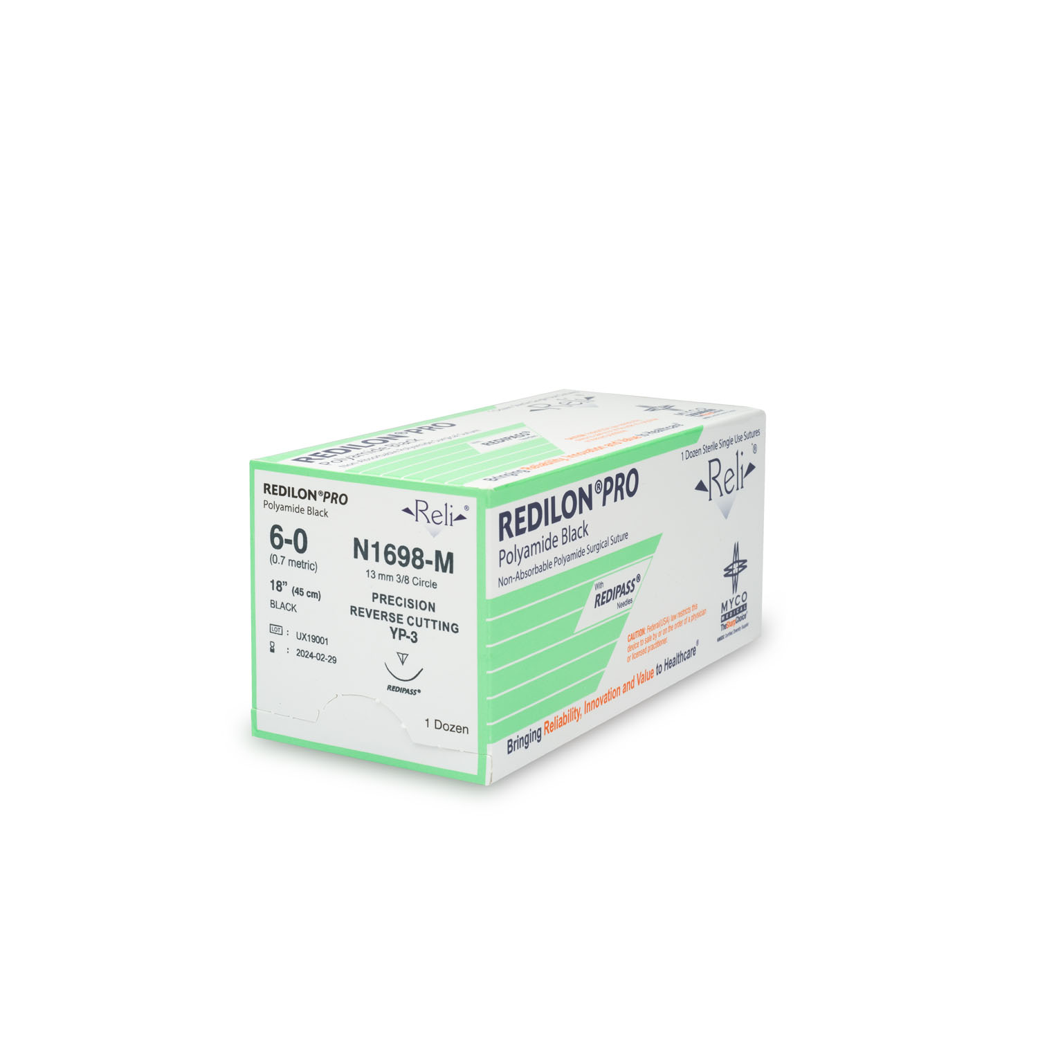 MYCO RELI® PRO SUTURE Suture, 6-0, Redilon, Black, Monofilament, 18", YP-3, 12/bx (US Only) Myco Medical N1698-M