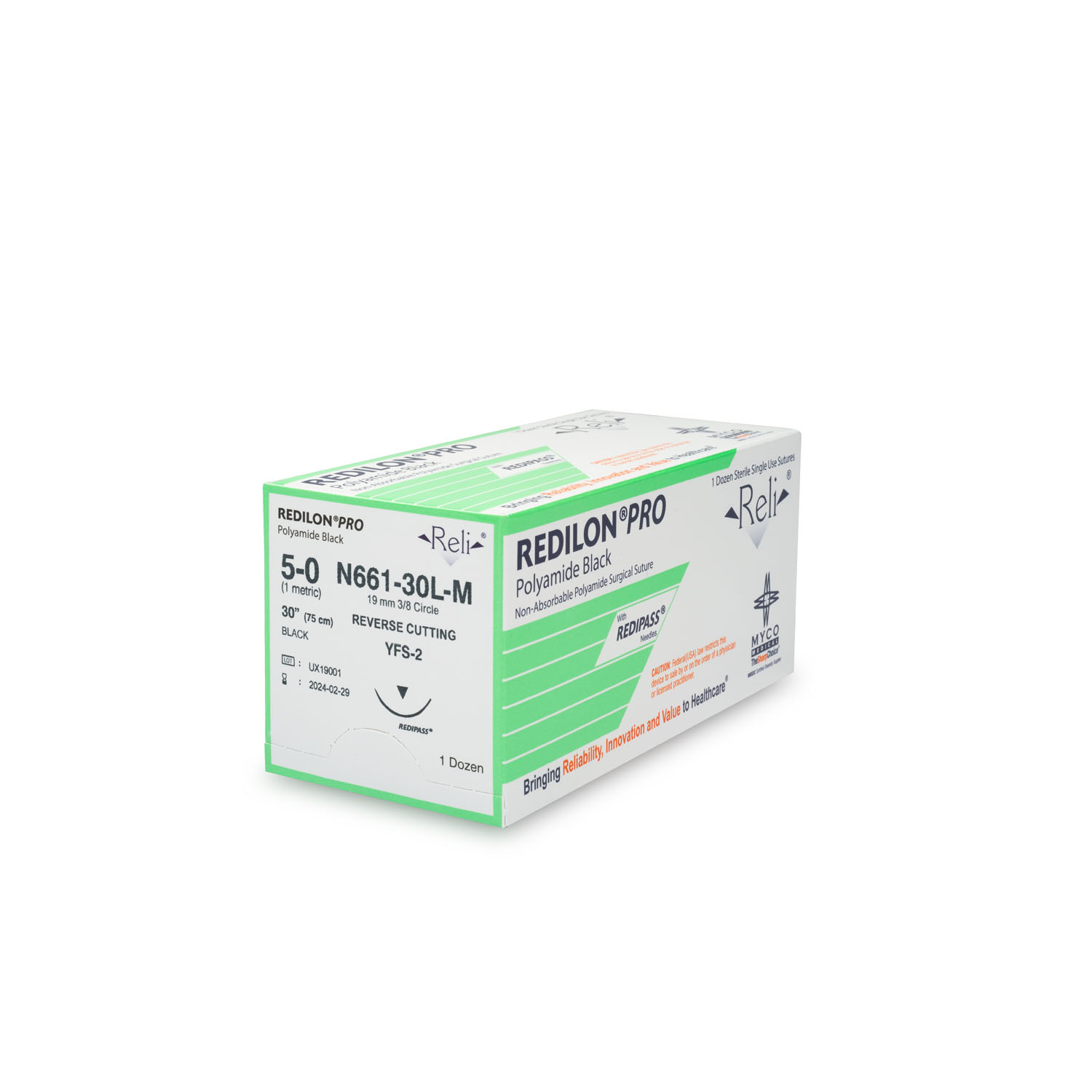 MYCO RELI® PRO SUTURE Suture, 5-0, Redilon, Black, Monofilament, 30", YFS-2, 12/bx (US Only) Myco Medical N661-30L-M