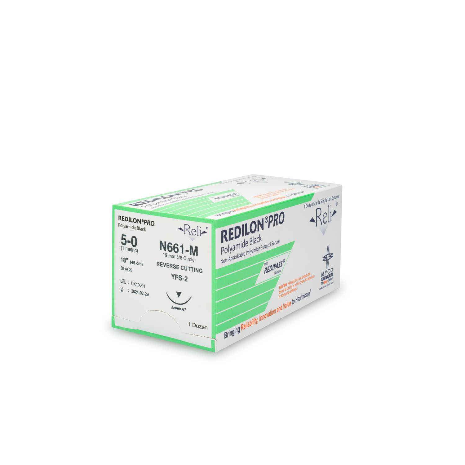 MYCO RELI® PRO SUTURE Suture, 5-0, Redilon, Black, Monofilament, 18", YFS-2, 12/bx (US Only) Myco Medical N661-M