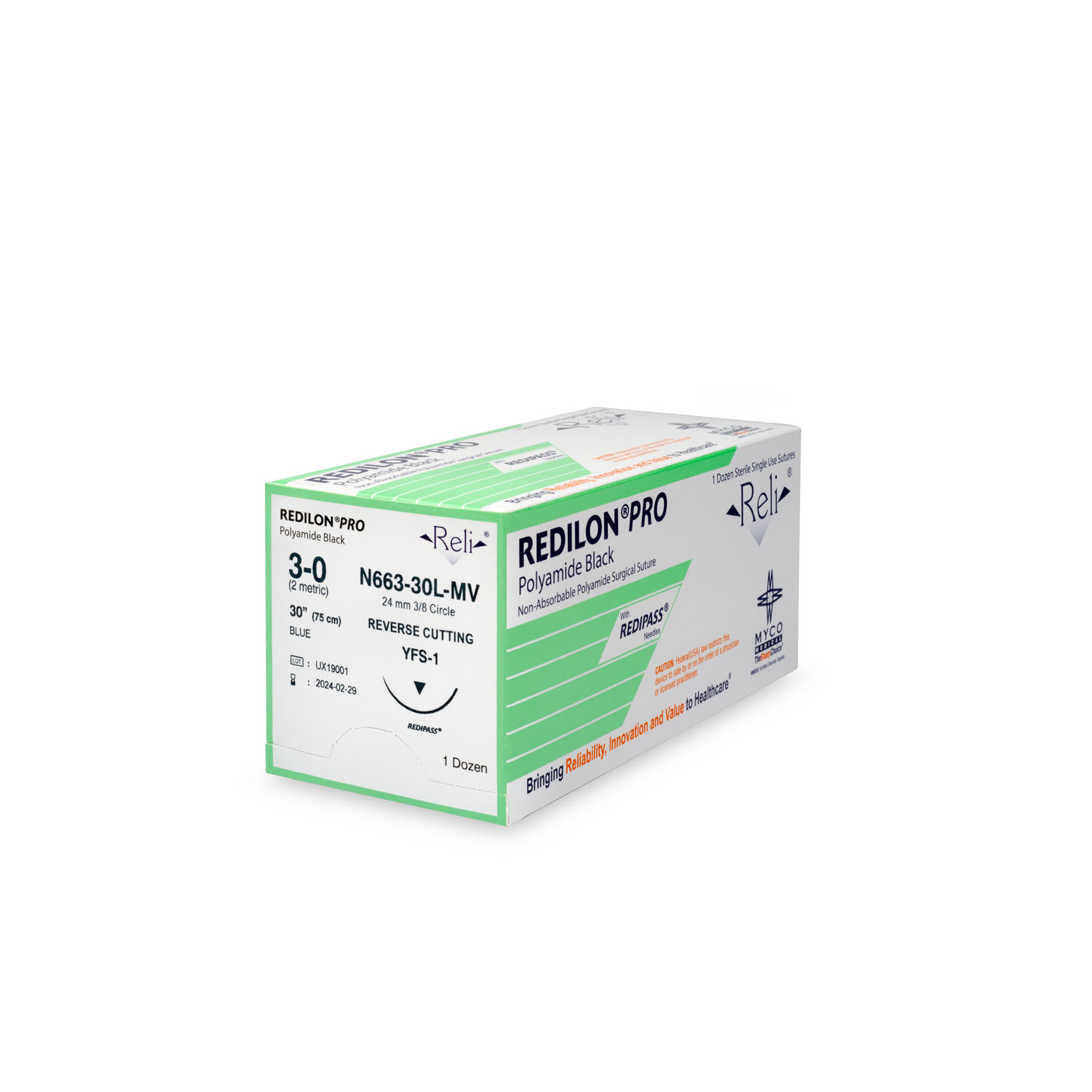 MYCO RELI® PRO SUTURE Suture, 3-0, Redilon, Blue, Monofilament, 30", YFS-1, 12/bx (US Only) Myco Medical N663-30L-MV