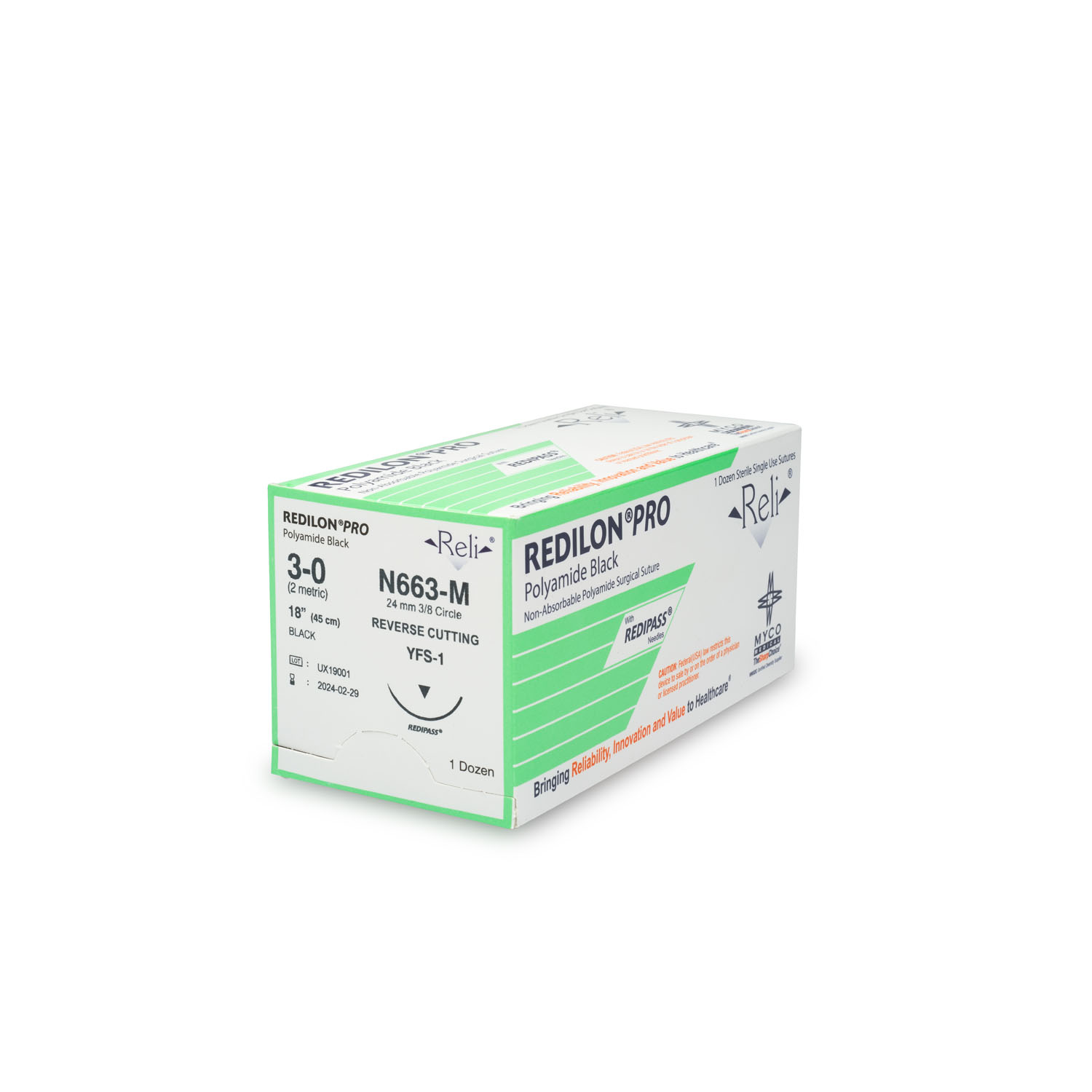 MYCO RELI® PRO SUTURE Suture, 3-0, Redilon, Black, Monofilament, 18", YFS-1, 12/bx (US Only) Myco Medical N663-M
