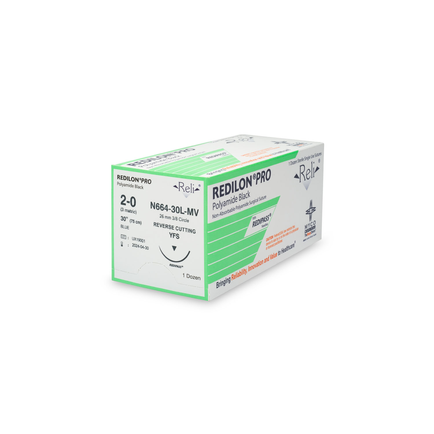 MYCO RELI® PRO SUTURE Suture, 2-0, Redilon, Blue, Monofilament, 30", YFS, 12/bx (US Only) Myco Medical N664-30L-MV