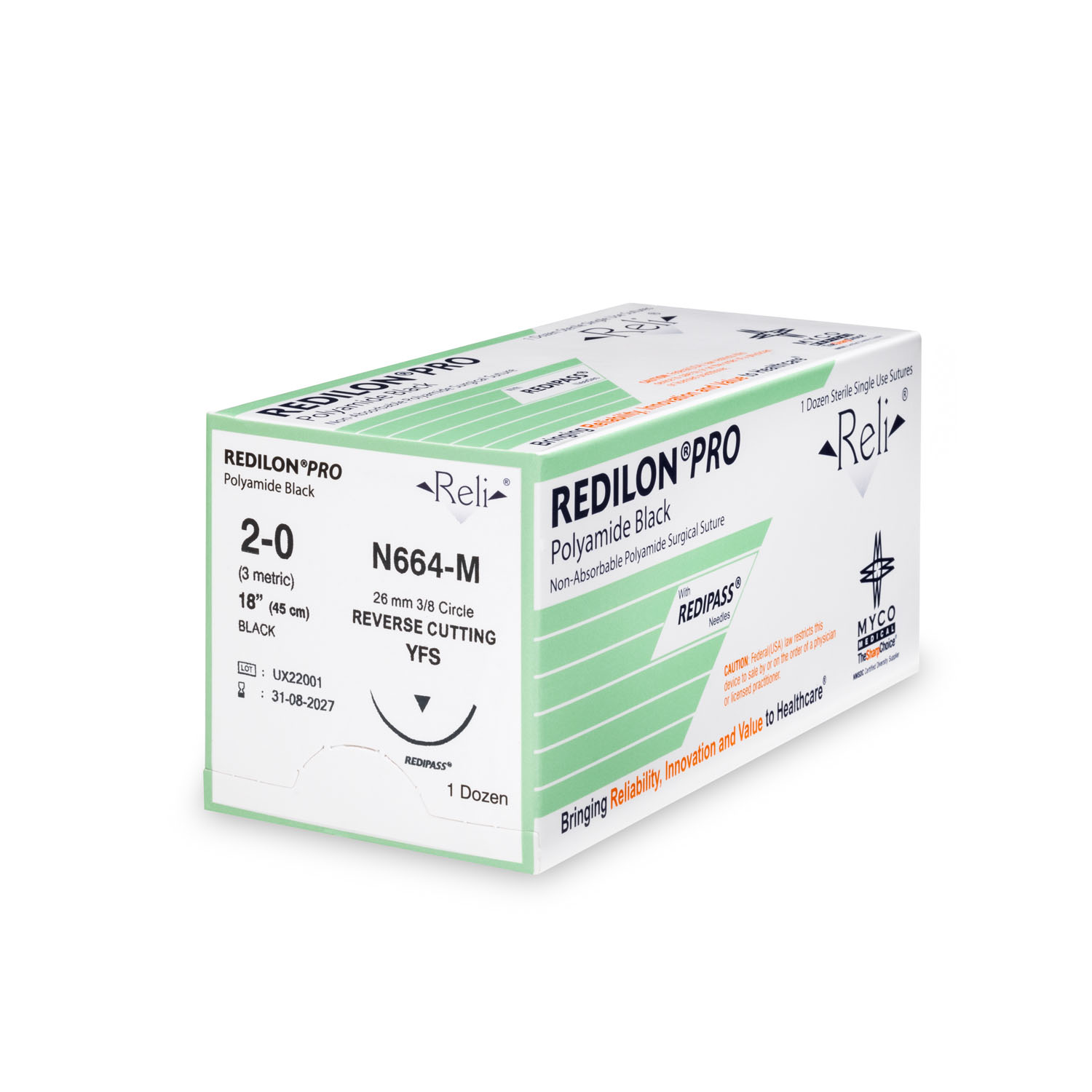 MYCO RELI® PRO SUTURE Suture, 2-0, Redilon, Black, Monofilament, 18", YFS, 12/bx (US Only) Myco Medical N664-M
