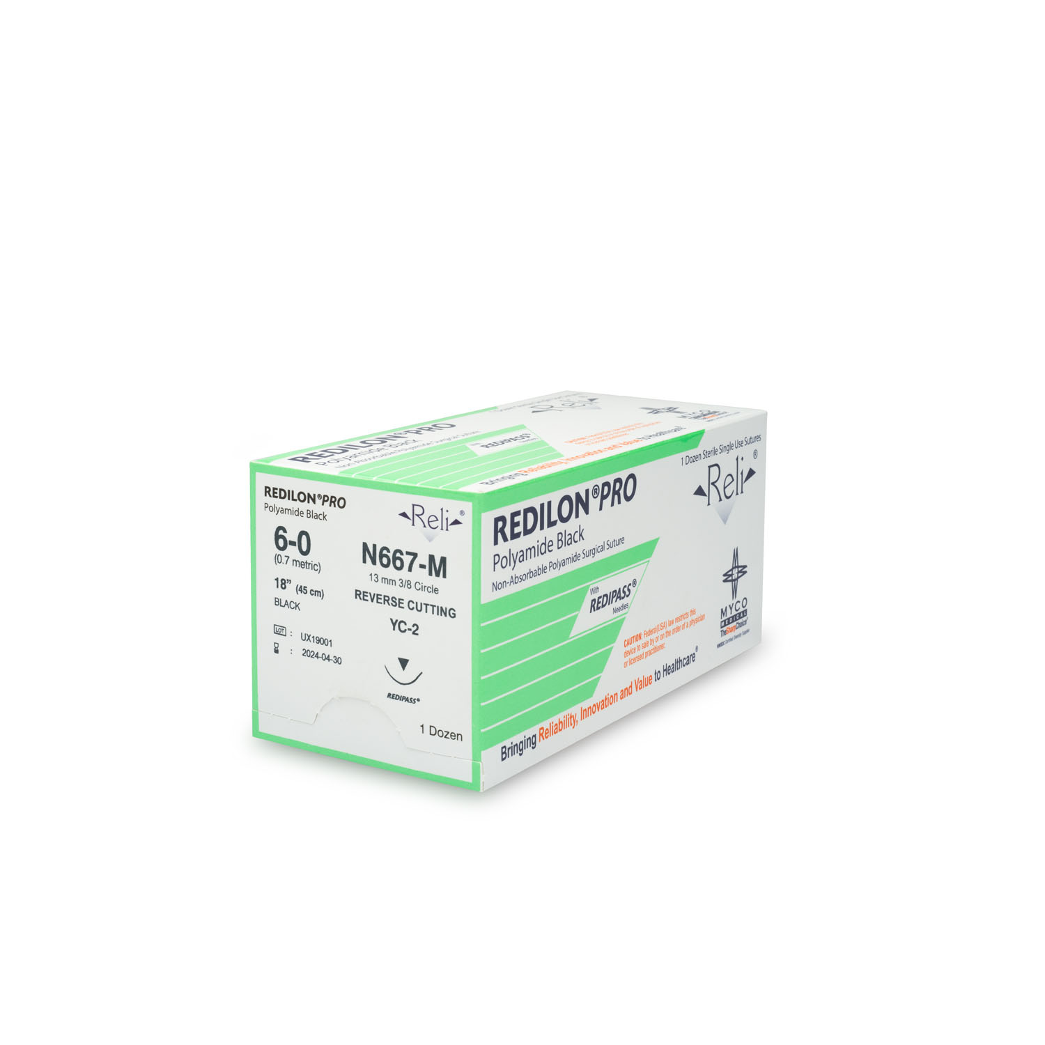 MYCO RELI® PRO SUTURE Suture, 6-0, Redilon, Black, Monofilament, 18", YC-2, 12/bx (US Only) Myco Medical N667-M