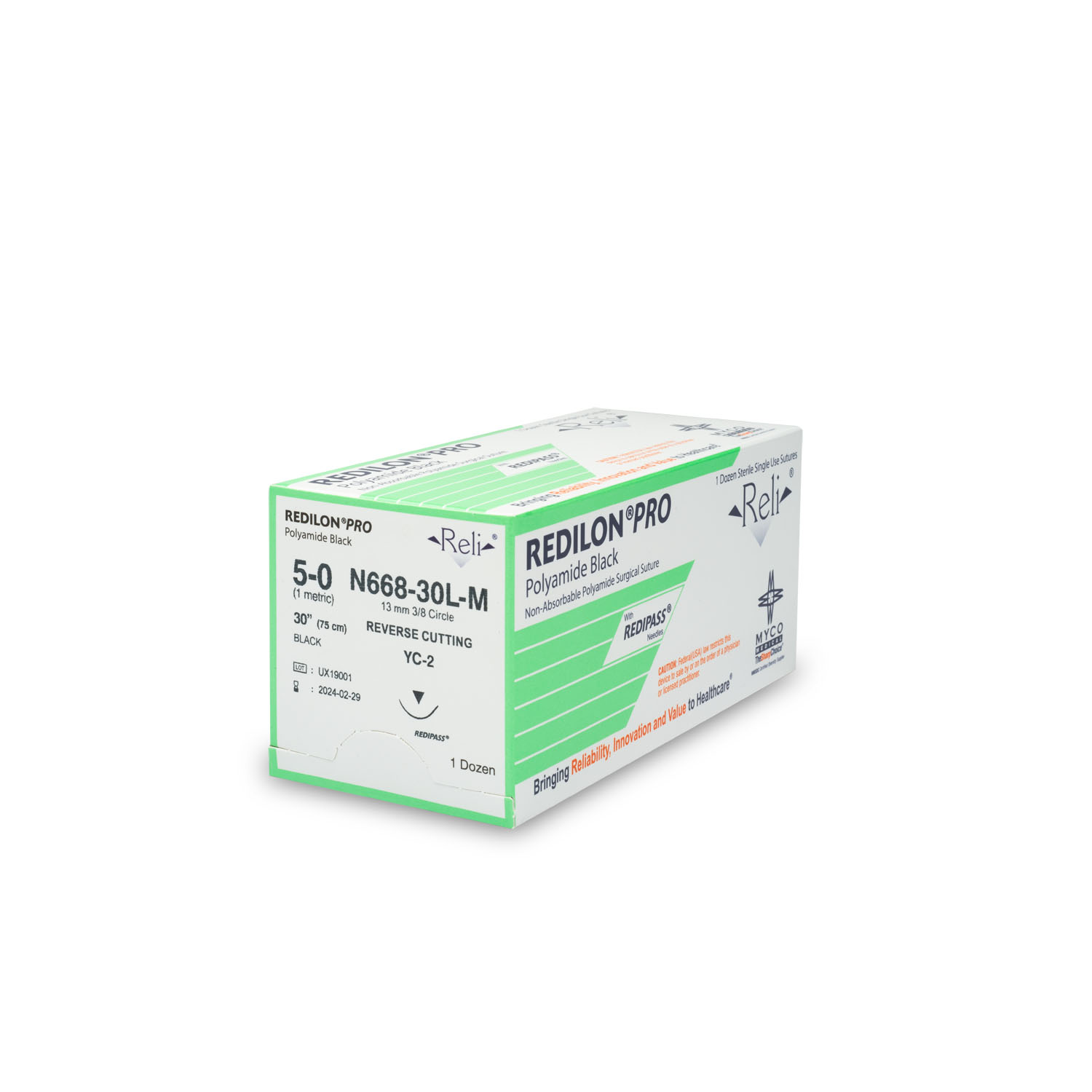 MYCO RELI® PRO SUTURE Suture, 5-0, Redilon, Black, Monofilament, 30", YC-2, 12/bx (US Only) Myco Medical N668-30L-M