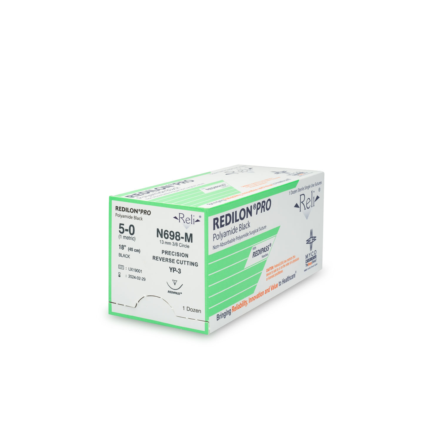 MYCO RELI® PRO SUTURE Suture, 5-0, Redilon, Black, Monofilament, 18", YP-3, 12/bx (US Only) Myco Medical N698-M