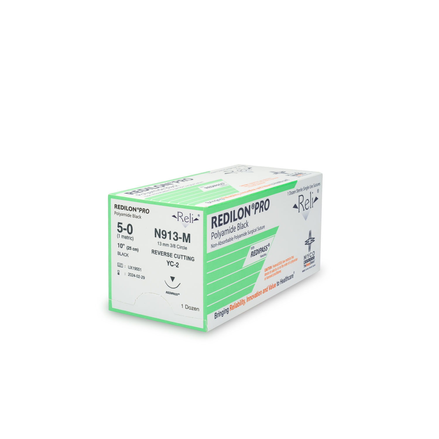 MYCO RELI® PRO SUTURE Suture, 5-0, Redilon, Black, Monofilament, 10", YC-2, 12/bx (US Only) Myco Medical N913-M