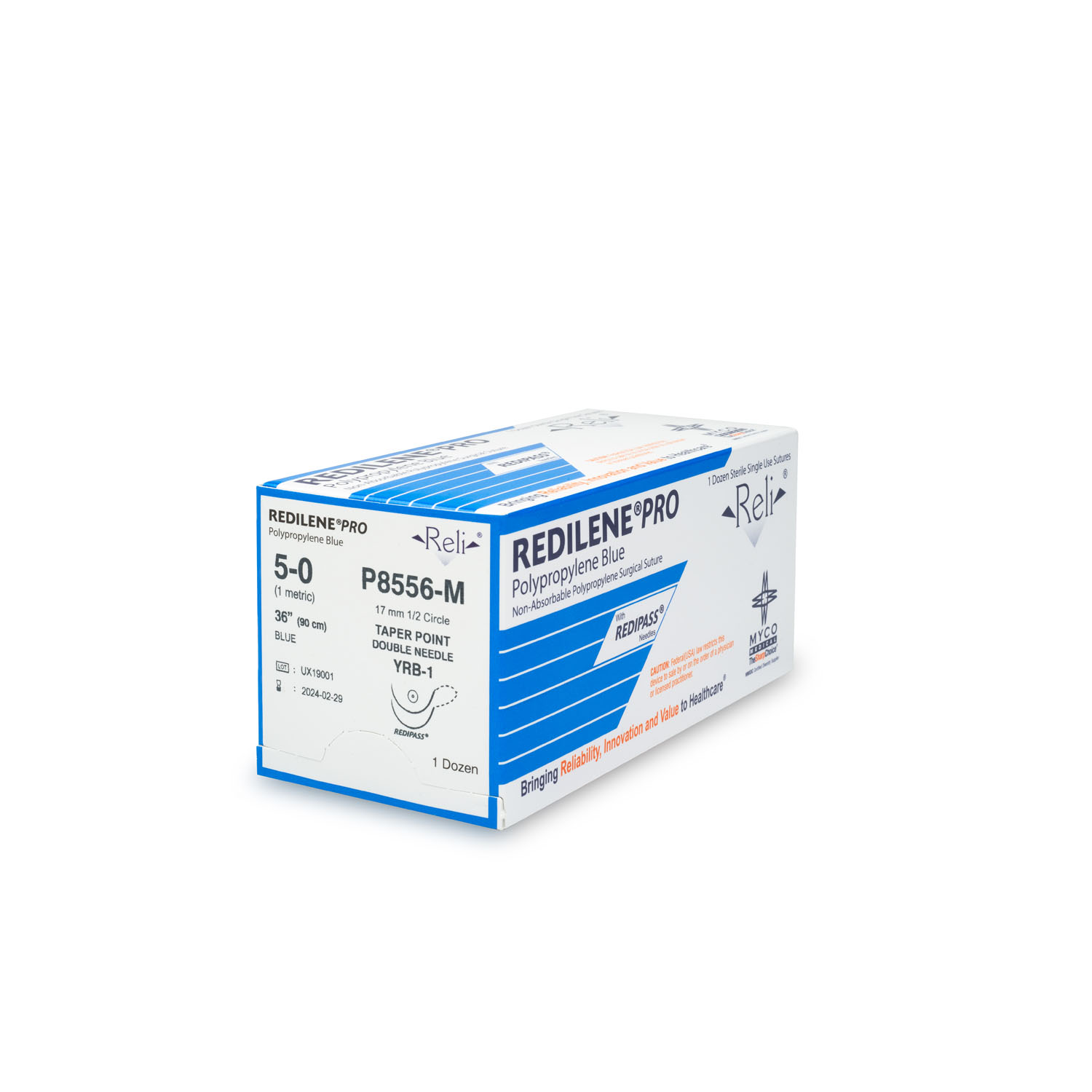 MYCO RELI® PRO SUTURE Suture, 5-0, Redilene, Blue, Monofilament, 36", YRB-1, 12/bx (US Only) Myco Medical P8556-M