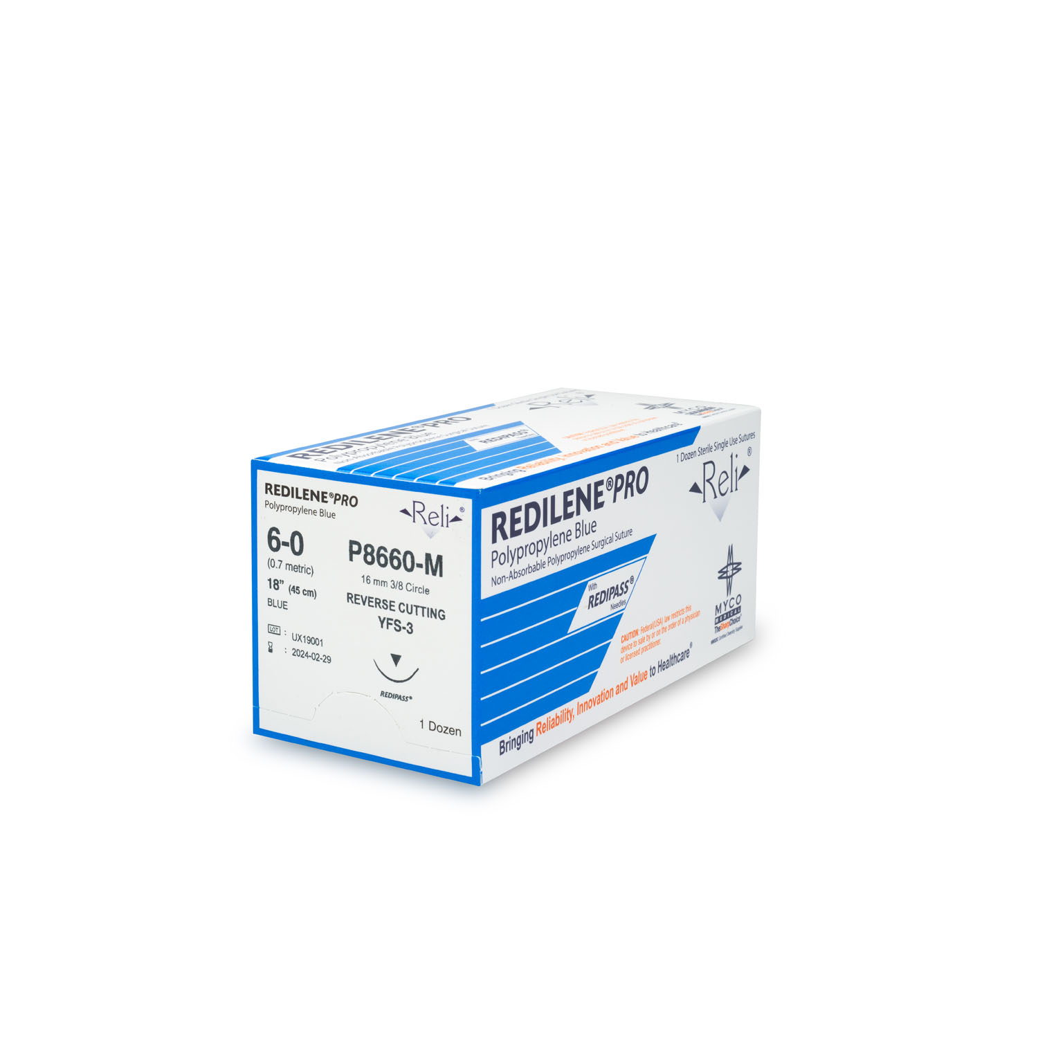MYCO RELI® PRO SUTURE Suture, 6-0, Redilene, Blue, Monofilament, 18", YFS-3, 12/bx (US Only) Myco Medical P8660-M