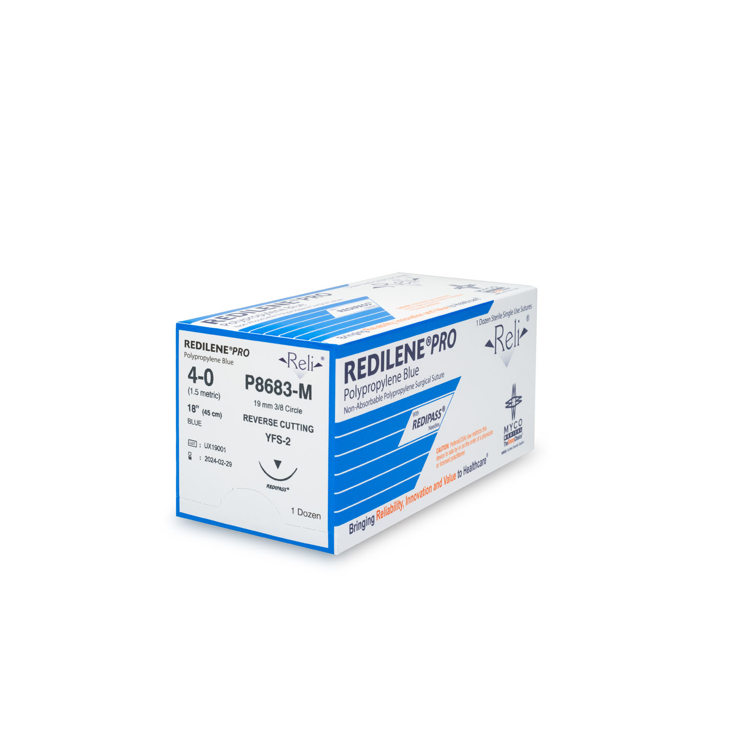 MYCO RELI® PRO SUTURE Suture, 4-0, Redilene, Blue, Monofilament, 18", YFS-2, 12/bx (US Only) Myco Medical P8683-M