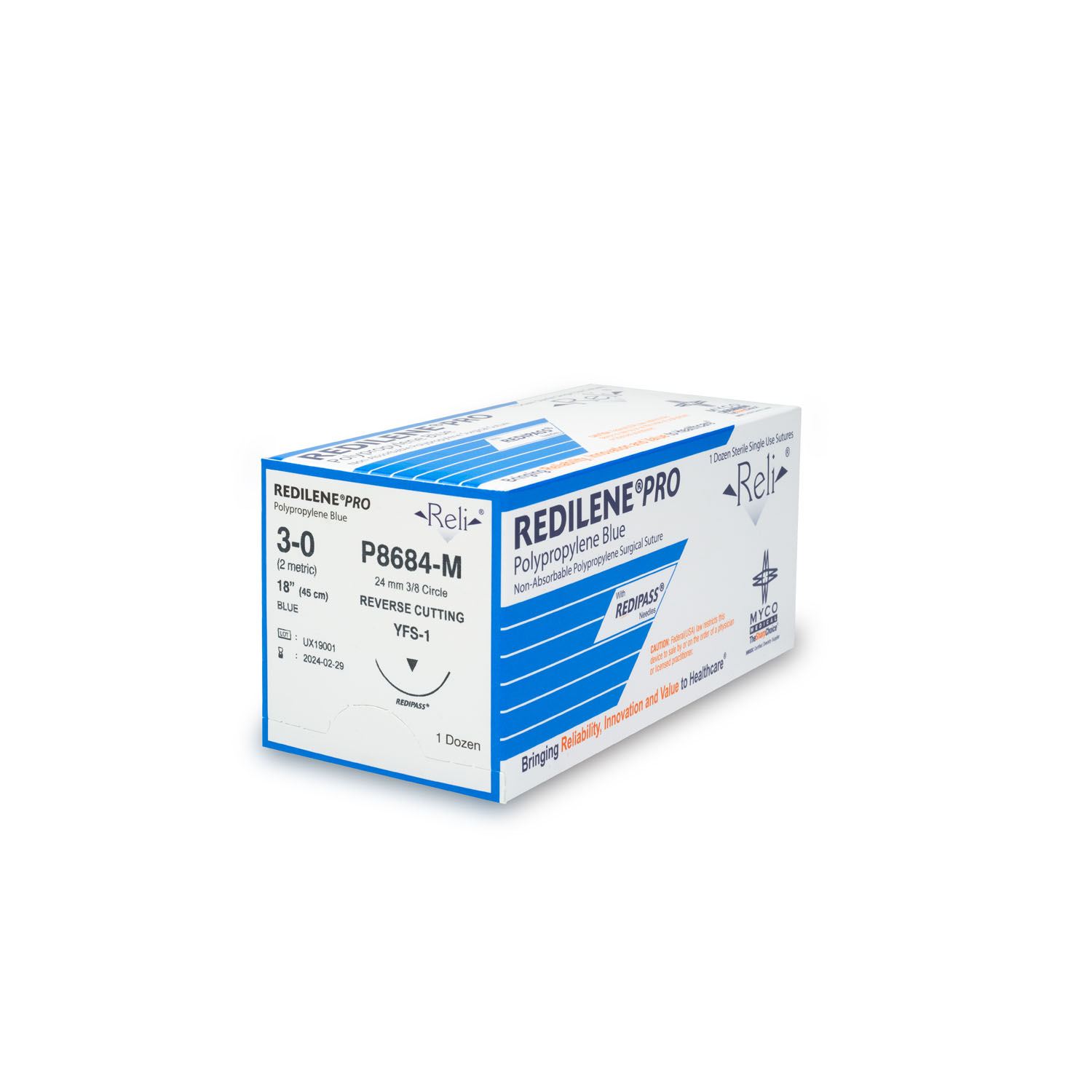 MYCO RELI® PRO SUTURE Suture, 3-0, Redilene, Blue, Monofilament, 18", YFS-1, 12/bx (US Only) Myco Medical P8684-M
