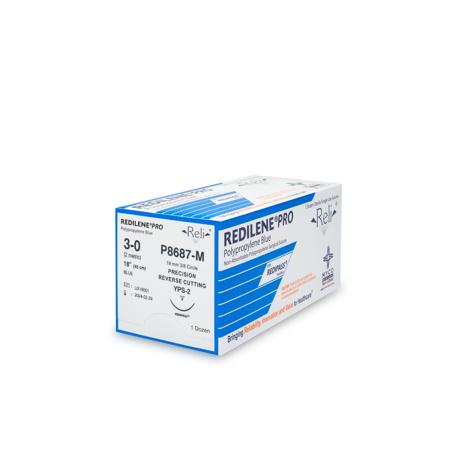 MYCO RELI® PRO SUTURE Suture, 3-0, Redilene, Blue, Monofilament, 18", YPS-2, 12/bx (US Only) Myco Medical P8687-M