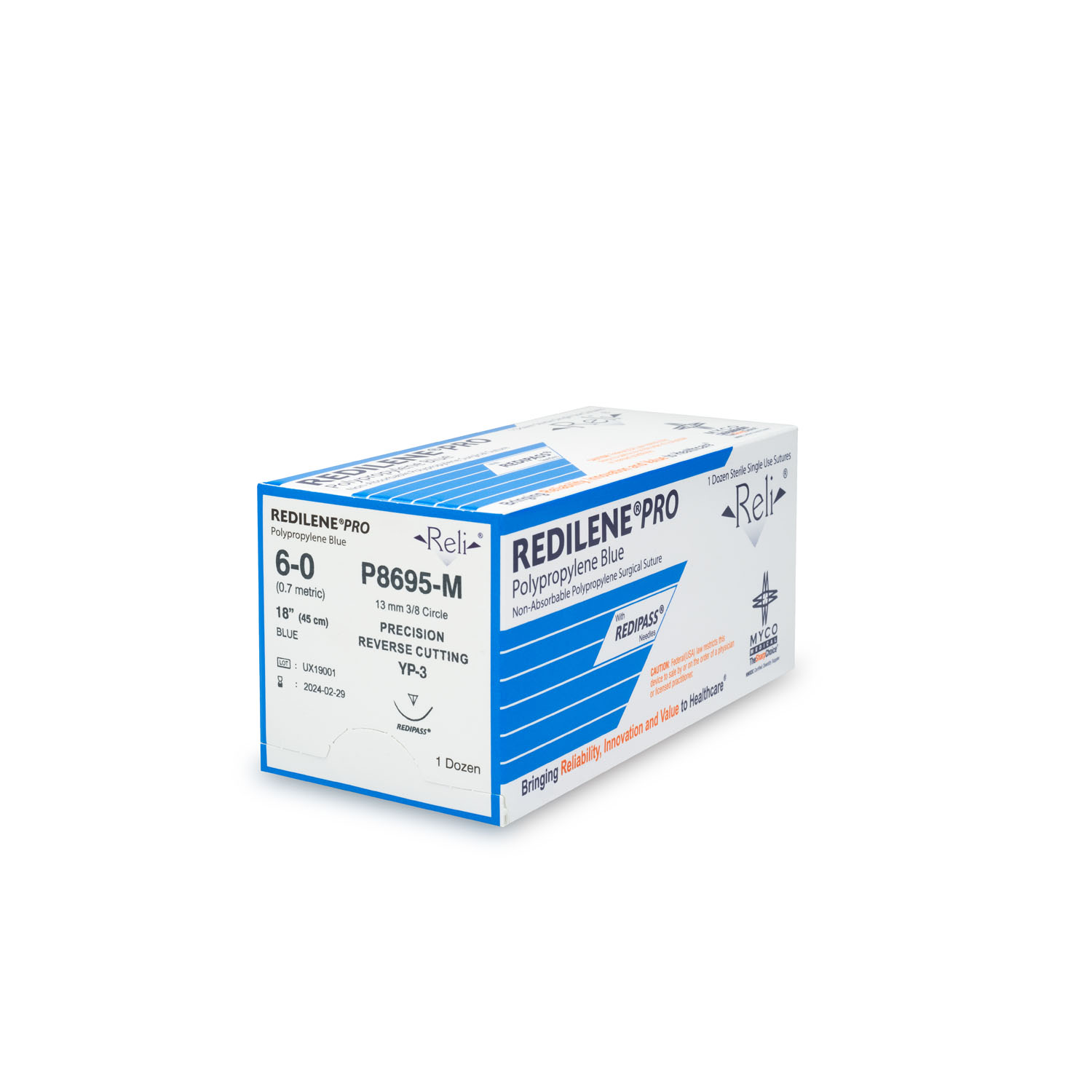 MYCO RELI® PRO SUTURE Suture, 6-0, Redilene, Blue, Monofilament, 18", YP-3, 12/bx (US Only) Myco Medical P8695-M