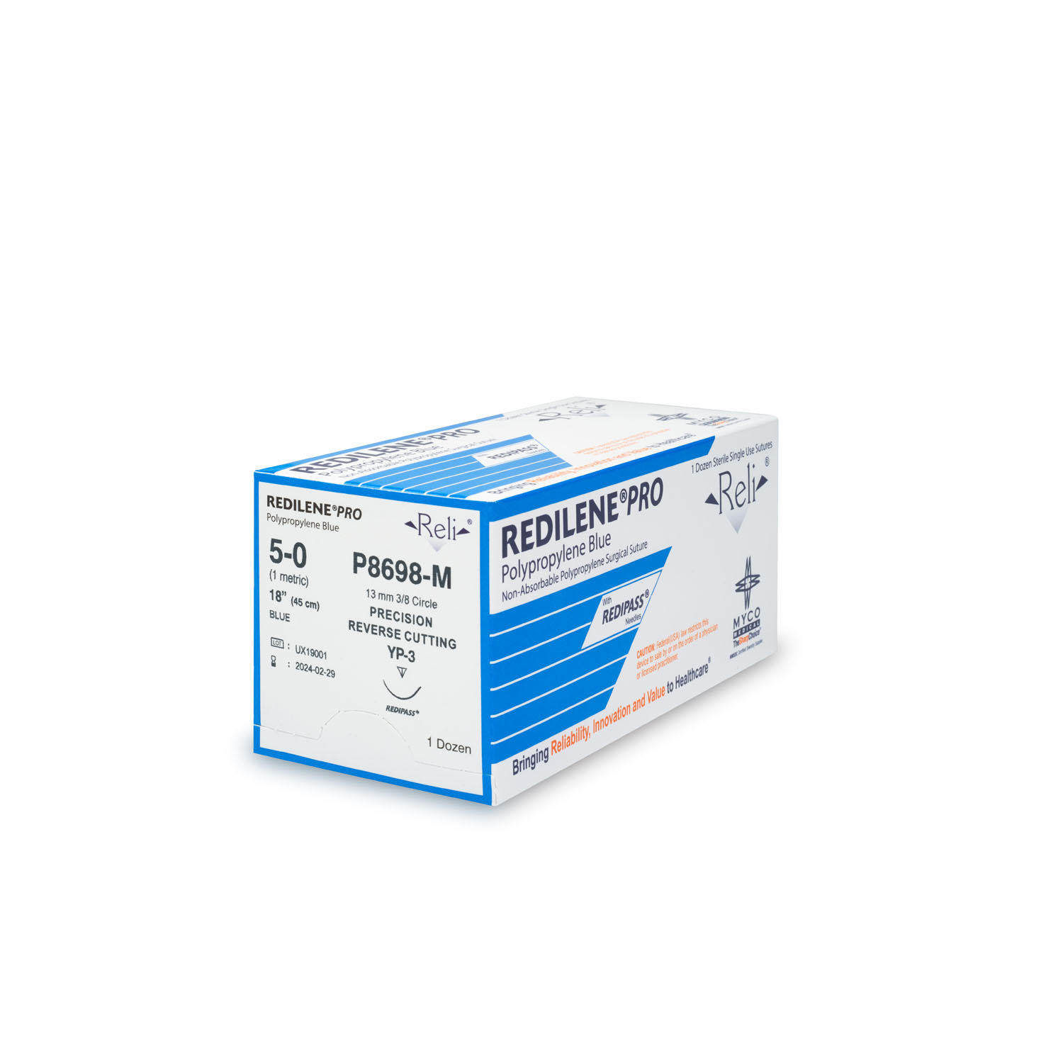 MYCO RELI® PRO SUTURE Suture, 5-0, Redilene, Blue, Monofilament, 18", YP-3, 12/bx (US Only) Myco Medical P8698-M