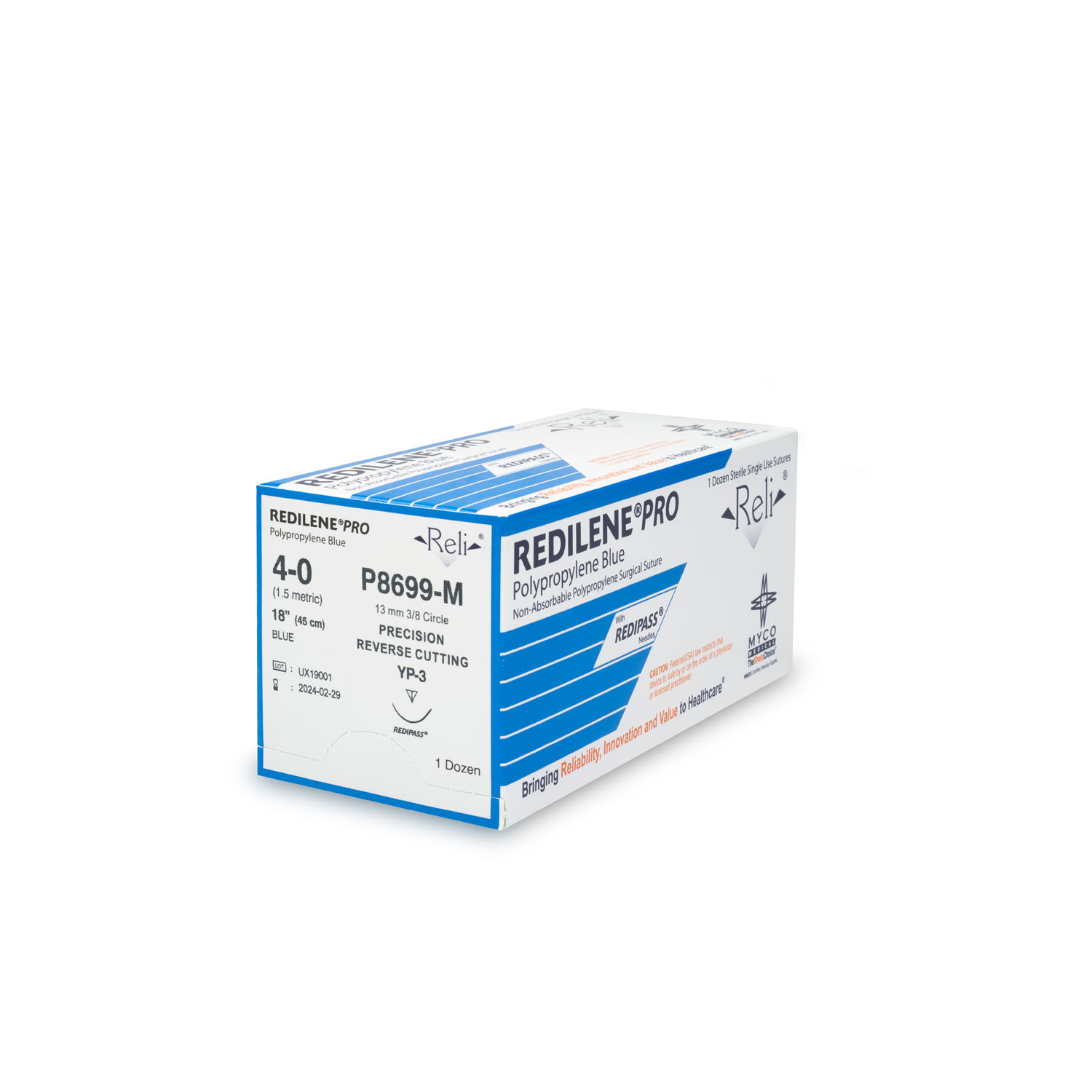 MYCO RELI® PRO SUTURE Suture, 4-0, Redilene, Blue, Monofilament, 18", YP-3, 12/bx (US Only) Myco Medical P8699-M