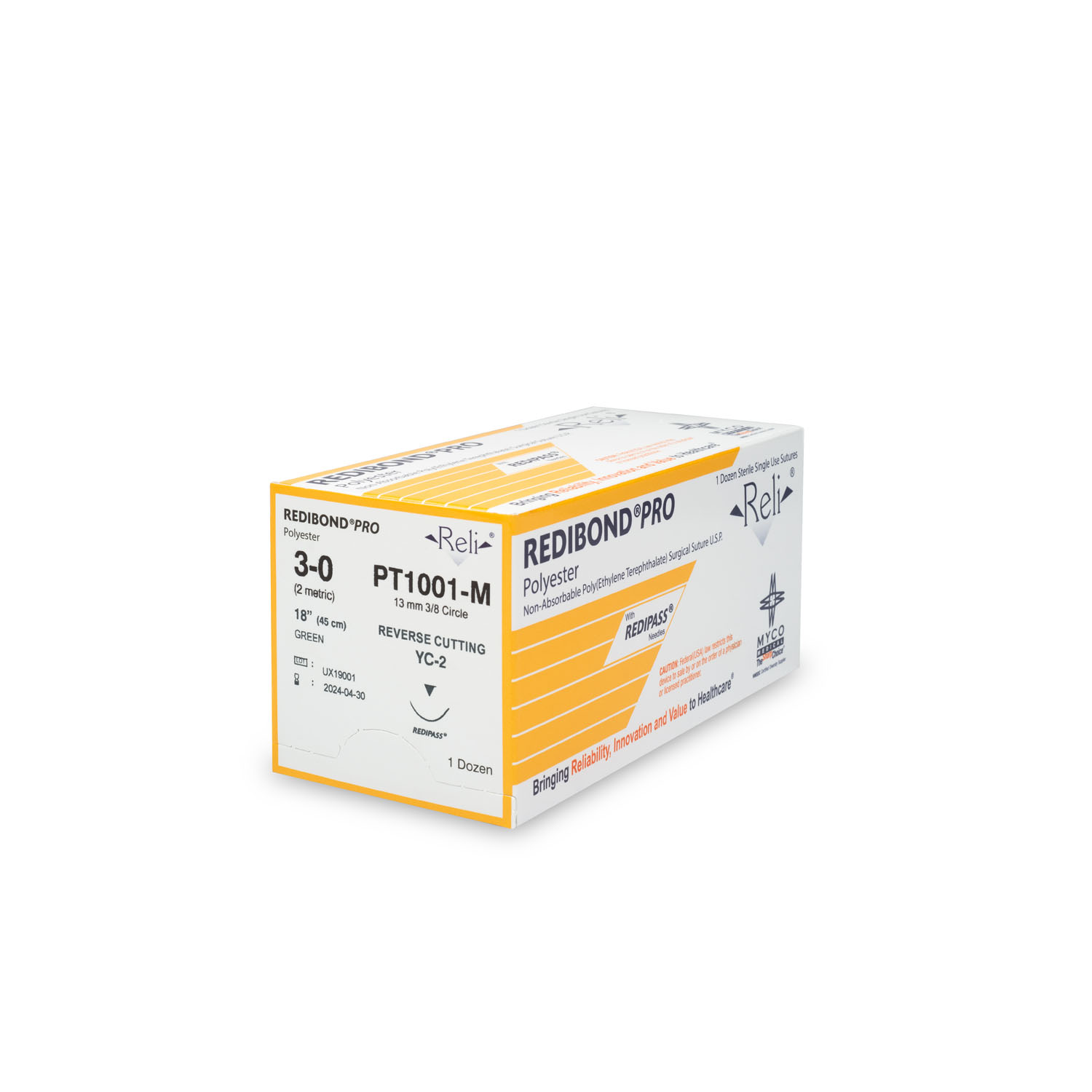 MYCO RELI® PRO SUTURE Suture, 3-0, Redibond, Green, Braided, 18", YC-2, 12/bx (US Only) Myco Medical PT1001-M