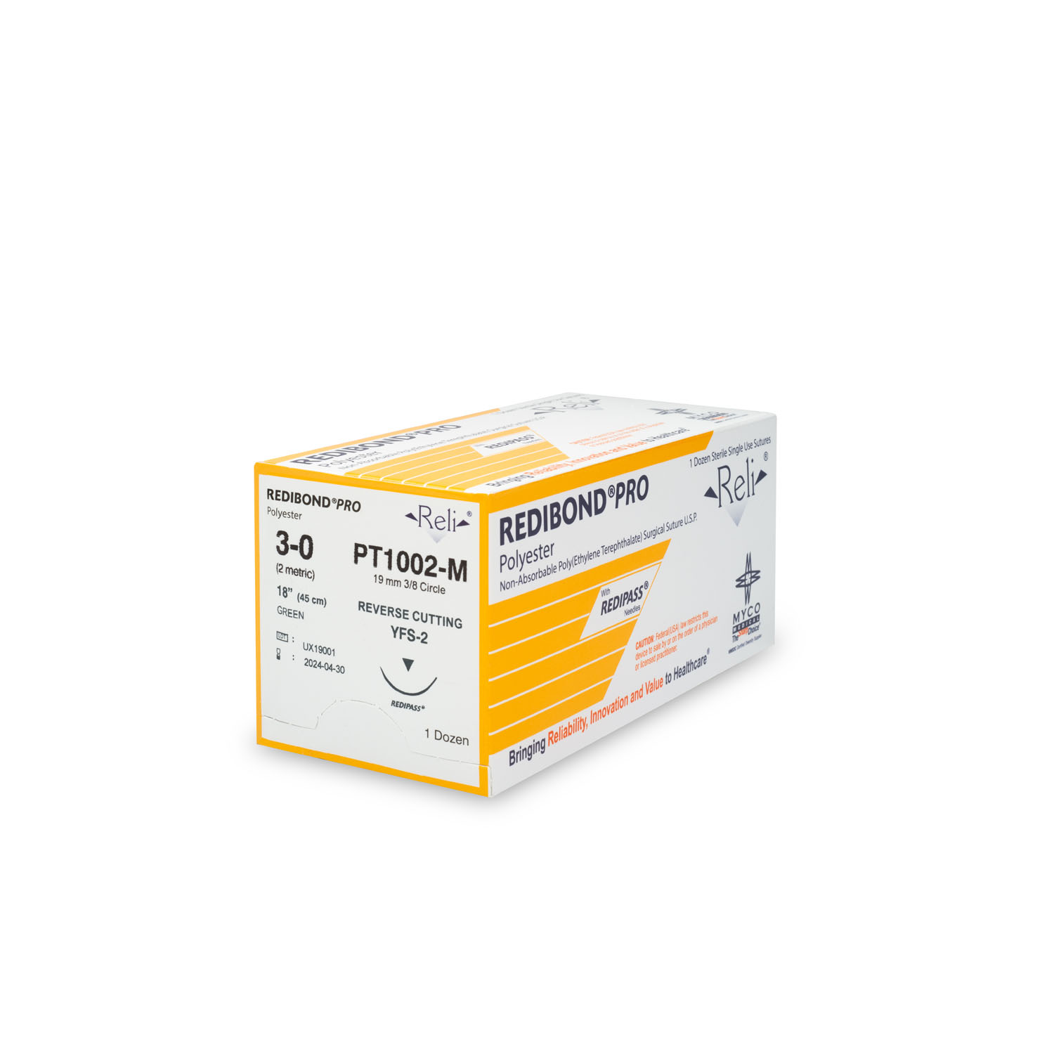 MYCO RELI® PRO SUTURE Suture, 3-0, Redibond, Green, Braided, 18", YFS-2, 12/bx (US Only) Myco Medical PT1002-M