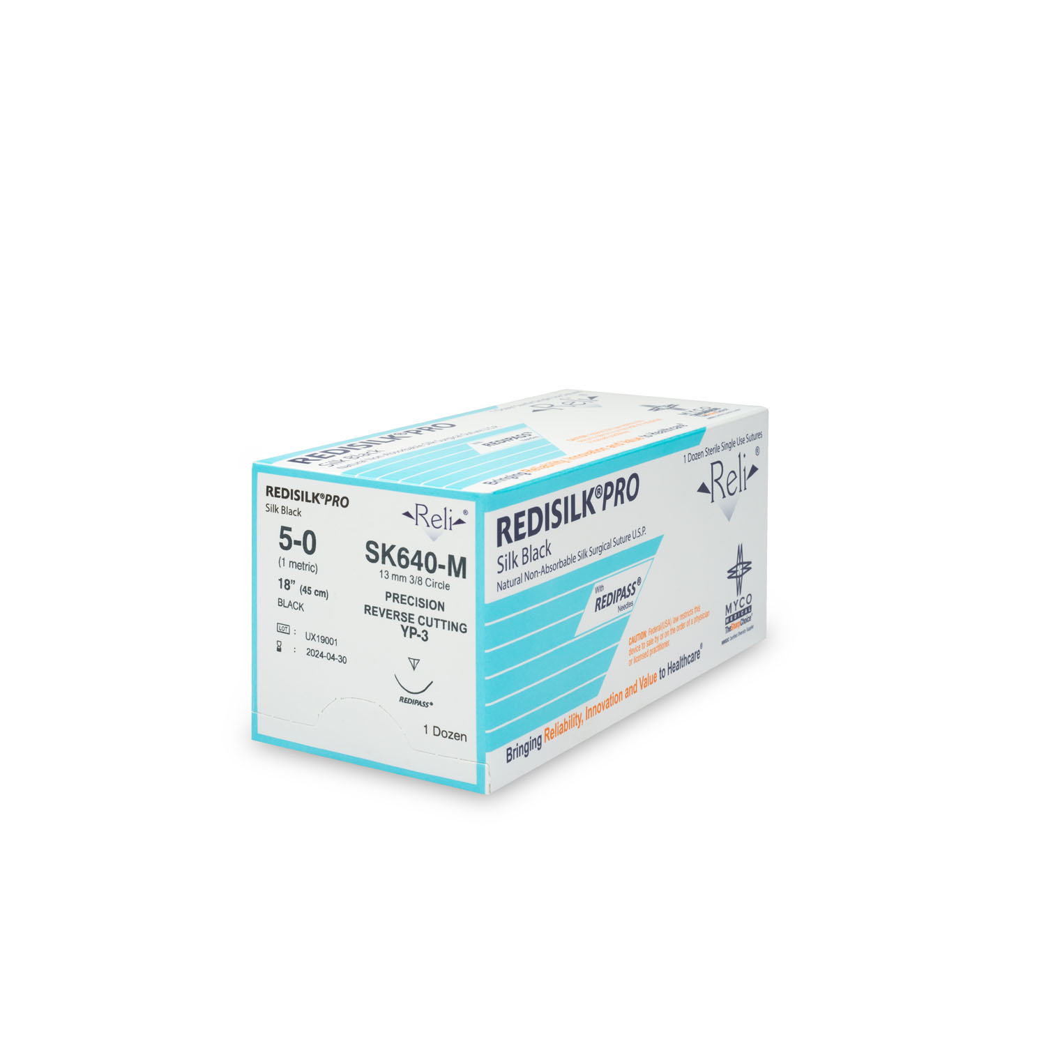 MYCO RELI® PRO SUTURE Suture, 5-0, Redisilk, Black, Braided, 18", YP-3, 12/bx (US Only) Myco Medical SK640-M
