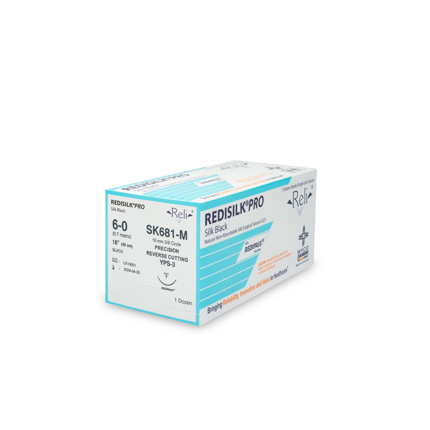 MYCO RELI® PRO SUTURE Suture, 6-0, Redisilk, Black, Braided, 18", YPS-3, 12/bx (US Only) Myco Medical SK681-M