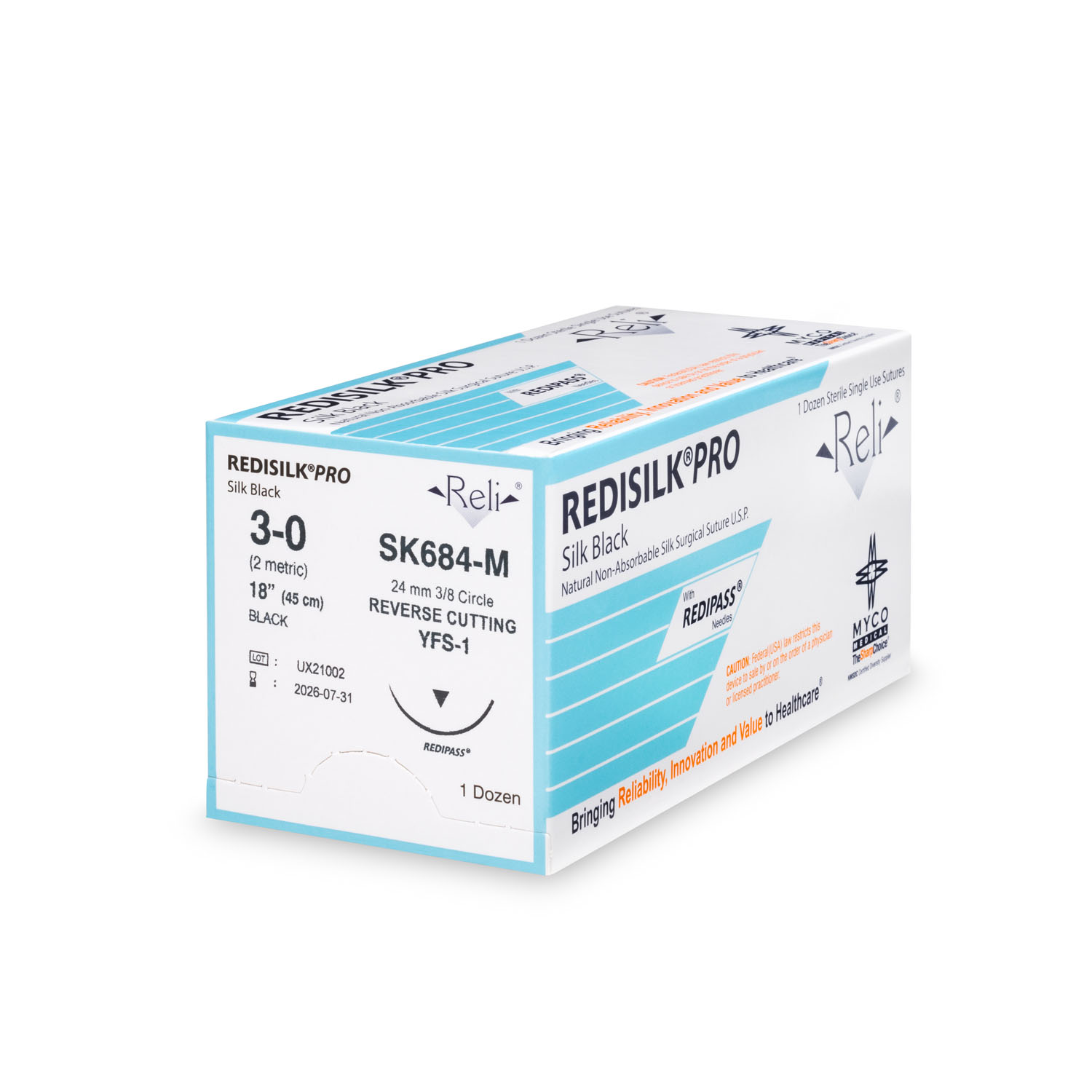 MYCO RELI® PRO SUTURE Suture, 3-0, Redisilk, Black, Braided, 18", YFS-1, 12/bx (US Only) Myco Medical SK684-M